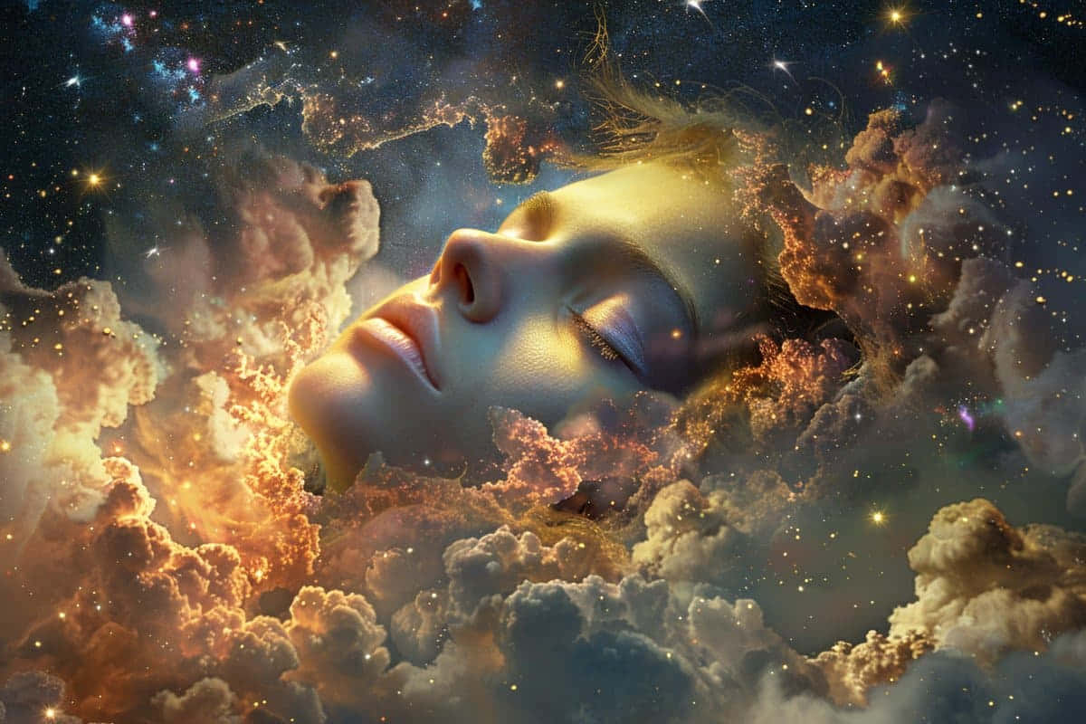  壁紙 — 一個寧靜的女性面孔從宇宙雲層中浮現，周圍是帶有發光橙色和藍色色調的星雲。