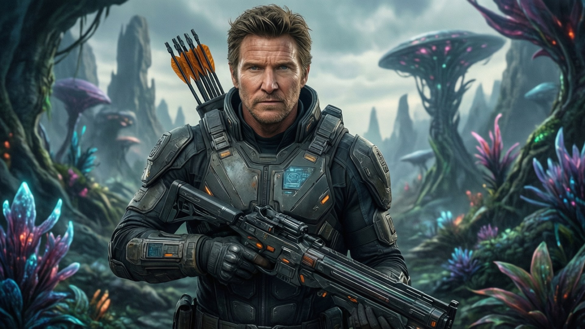 Jeremy Renner 桌布 壁紙 — 一個強壯的戰士穿著未來風格的盔甲，站在充滿活力的外星叢林中，手持高科技步槍。