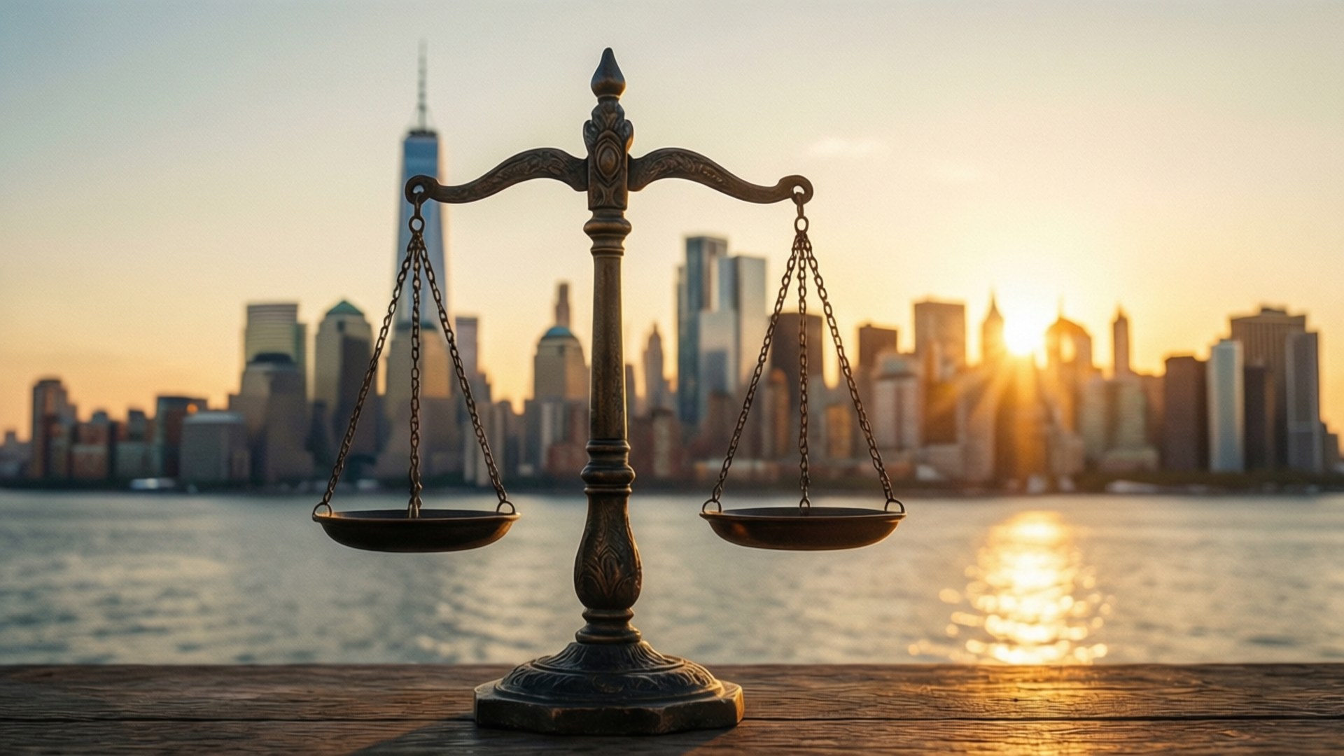 Justice Over NYC 壁紙 — 一個青銅正義天秤放在木製碼頭上，背景是金色夕陽下的城市天際線，水面反射著光線。