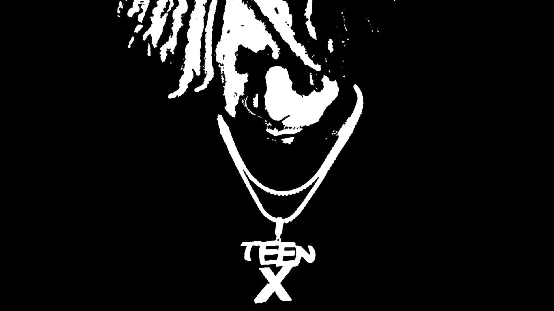  壁紙 — 一個清晰的黑白風格化肖像，人物留有辮子，戴著「TEEN X」吊墜項鍊。