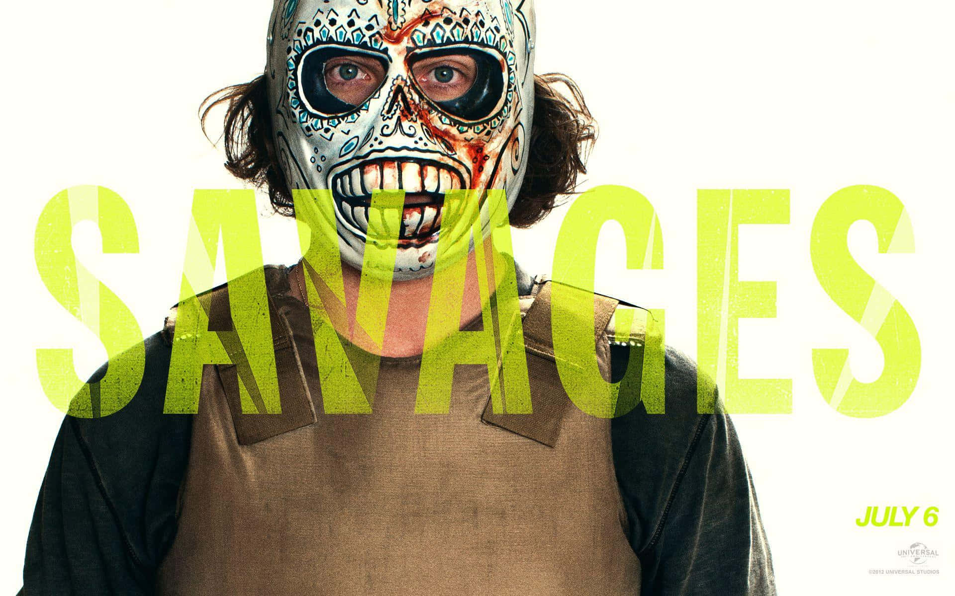 戴糖骷髏面具的人穿著棕色背心，文字為'SAVAGES'。