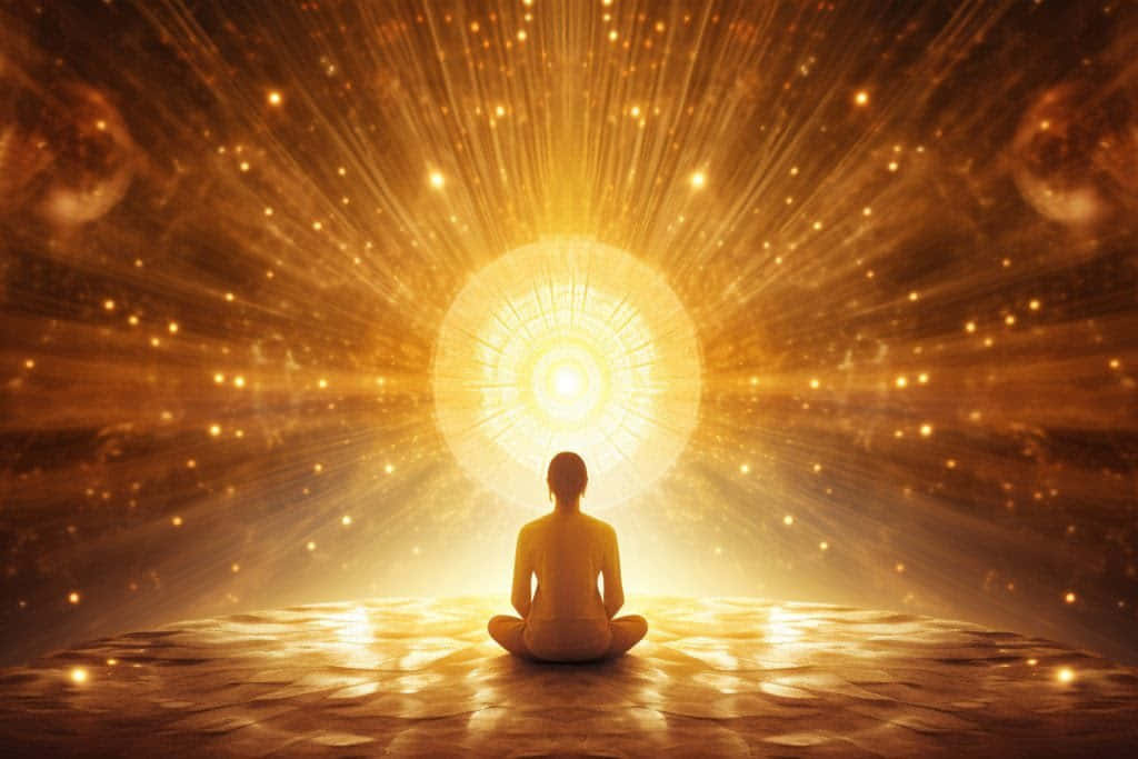  壁紙 — 一個人盤腿而坐，面對一個在宇宙虛空中散發星光的金色光芒門戶。