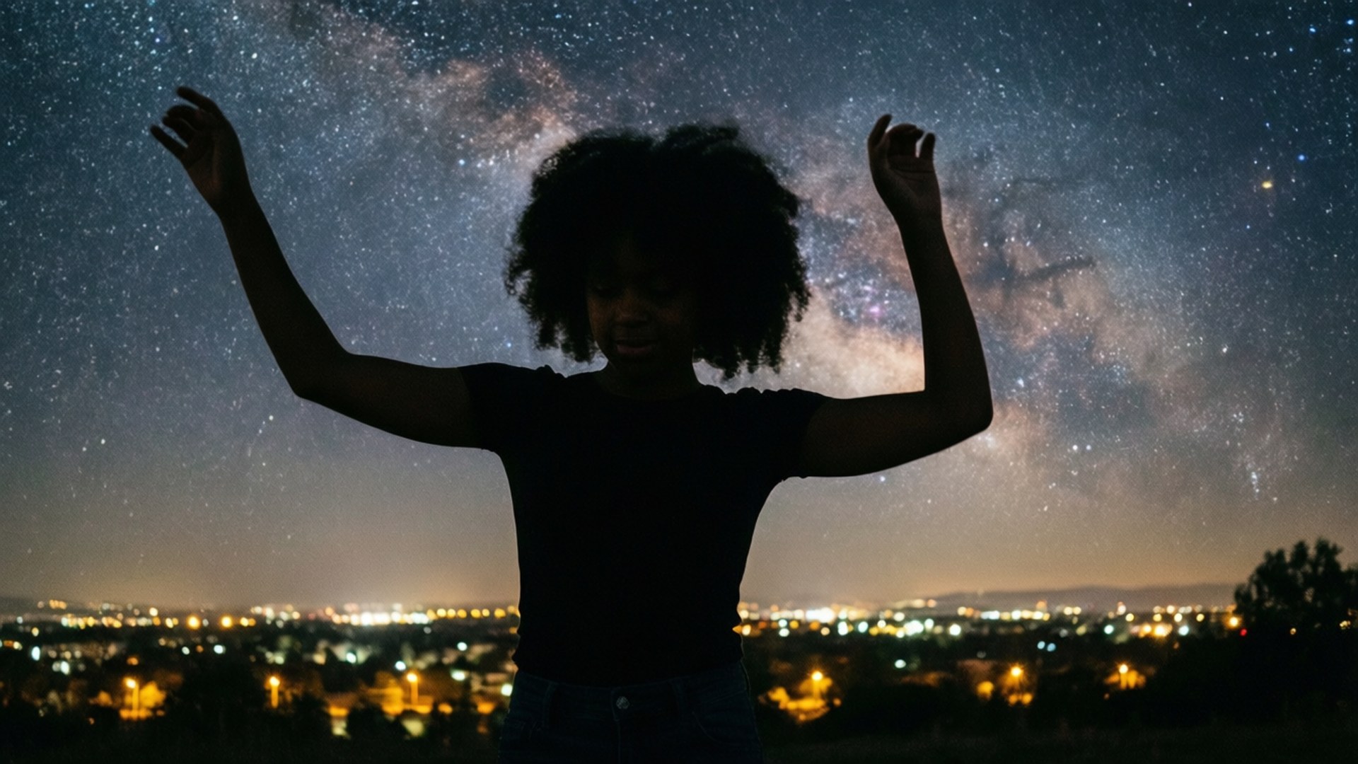 女孩 桌布 壁紙 — 一個人在充滿活力的星空夜晚中形成剪影，銀河在發光的城市景觀上方。