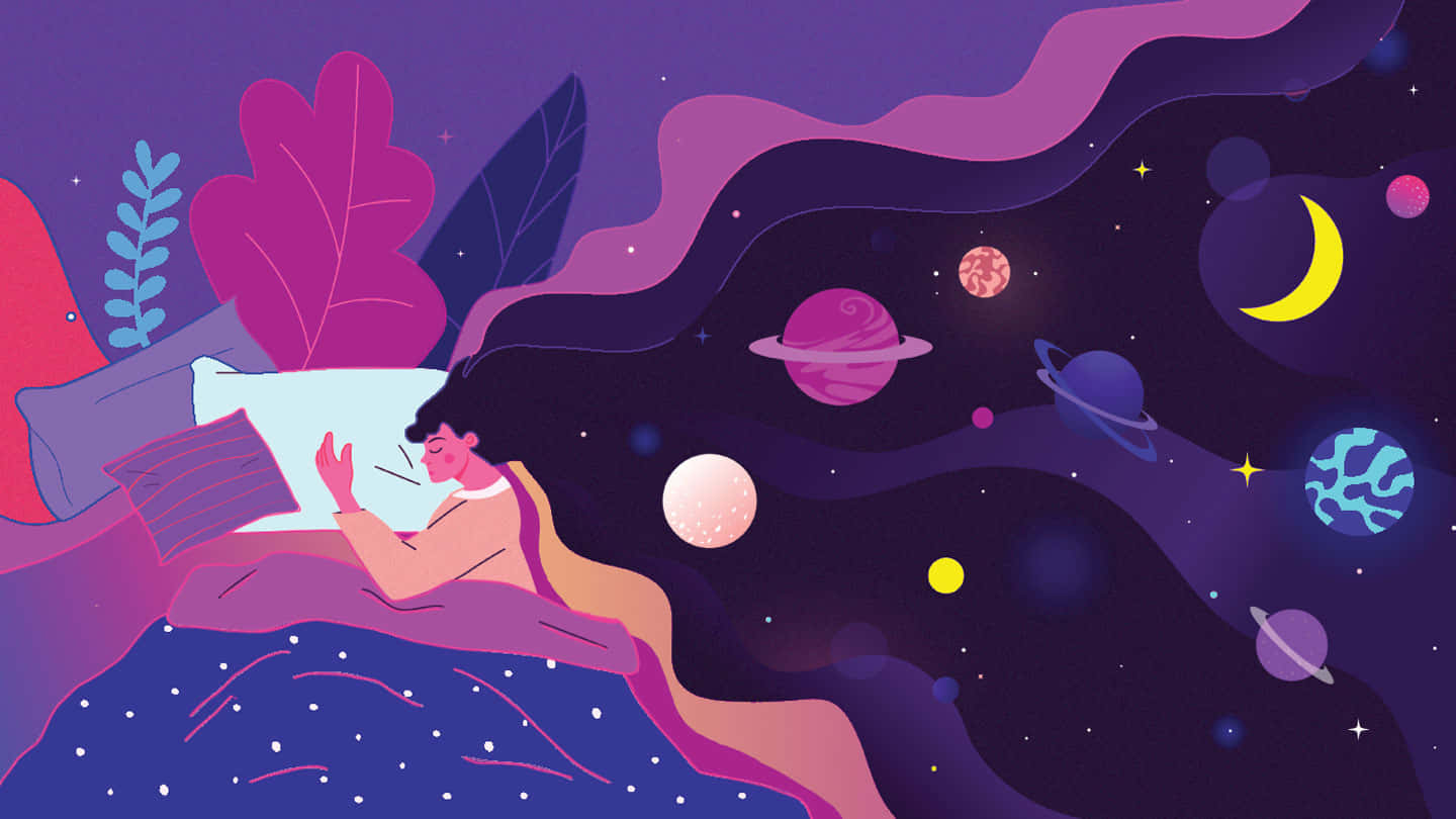  壁紙 — 一個人在床上安然入睡，宇宙行星和星星在他們夢幻般的紫色夜空中旋轉。
