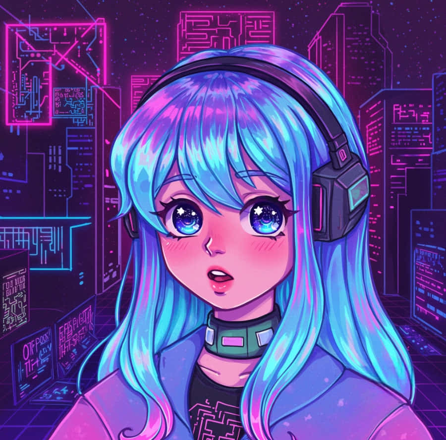  壁紙 — 一個賽博龐克動漫女孩，擁有發光的藍色頭髮和星星般的眼睛，戴著耳機，背景是霓虹燈照亮的數位城市景觀。