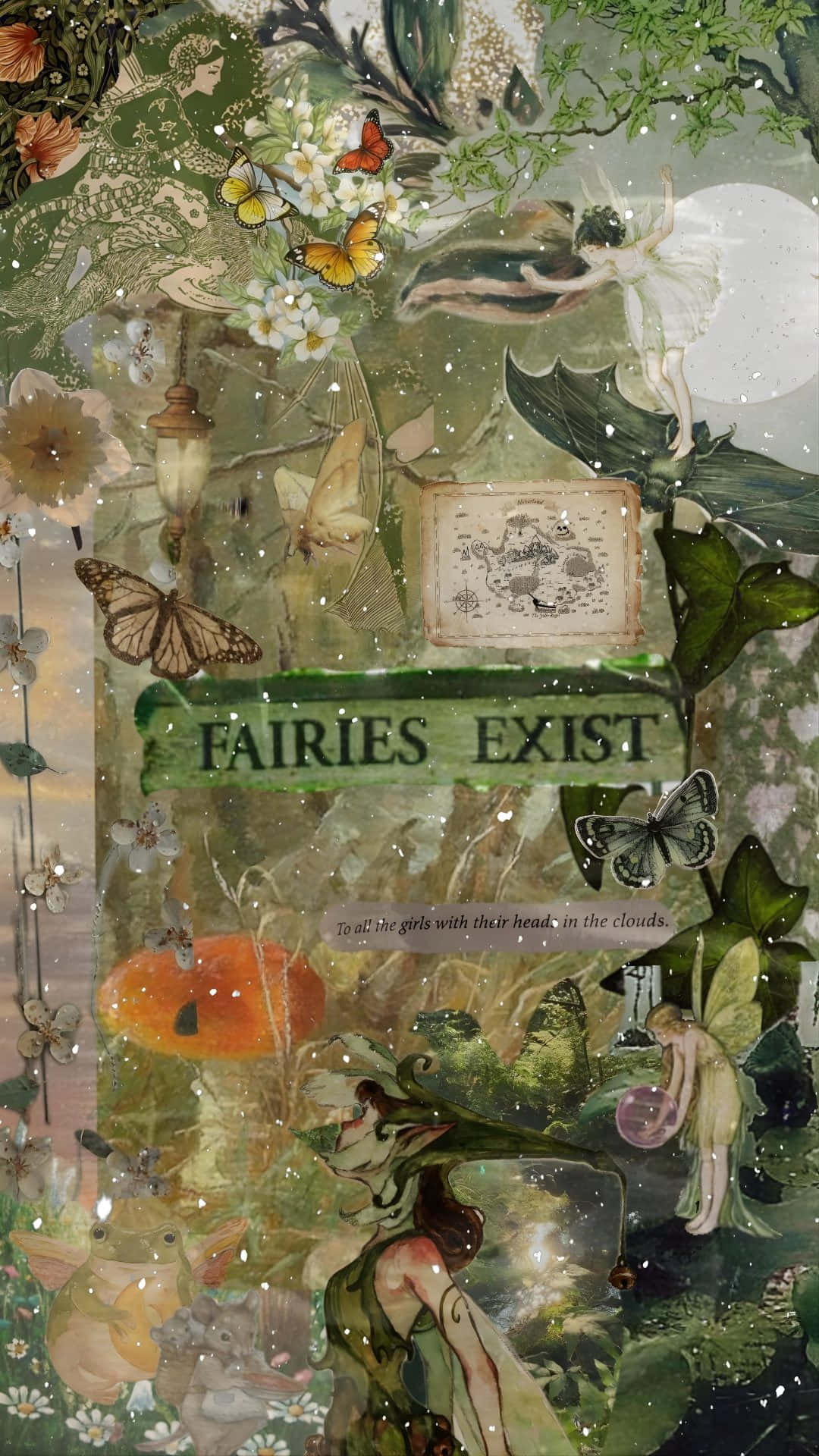  壁紙 — 一個神秘的森林場景，仙女、蝴蝶和發光元素圍繞著一本名為 FAIRIES EXIST 的打開的書。