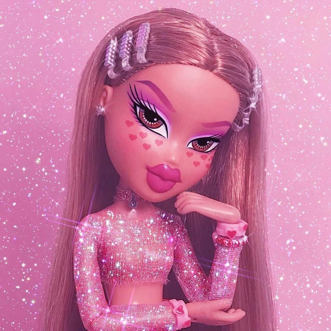 Glitter Barbie Aesthetic 桌布 壁紙 — 一個閃閃發光的粉紅色 Bratz 娃娃，帶有心形化妝和閃亮服裝，在星光閃爍的粉紅色背景前擺姿勢。