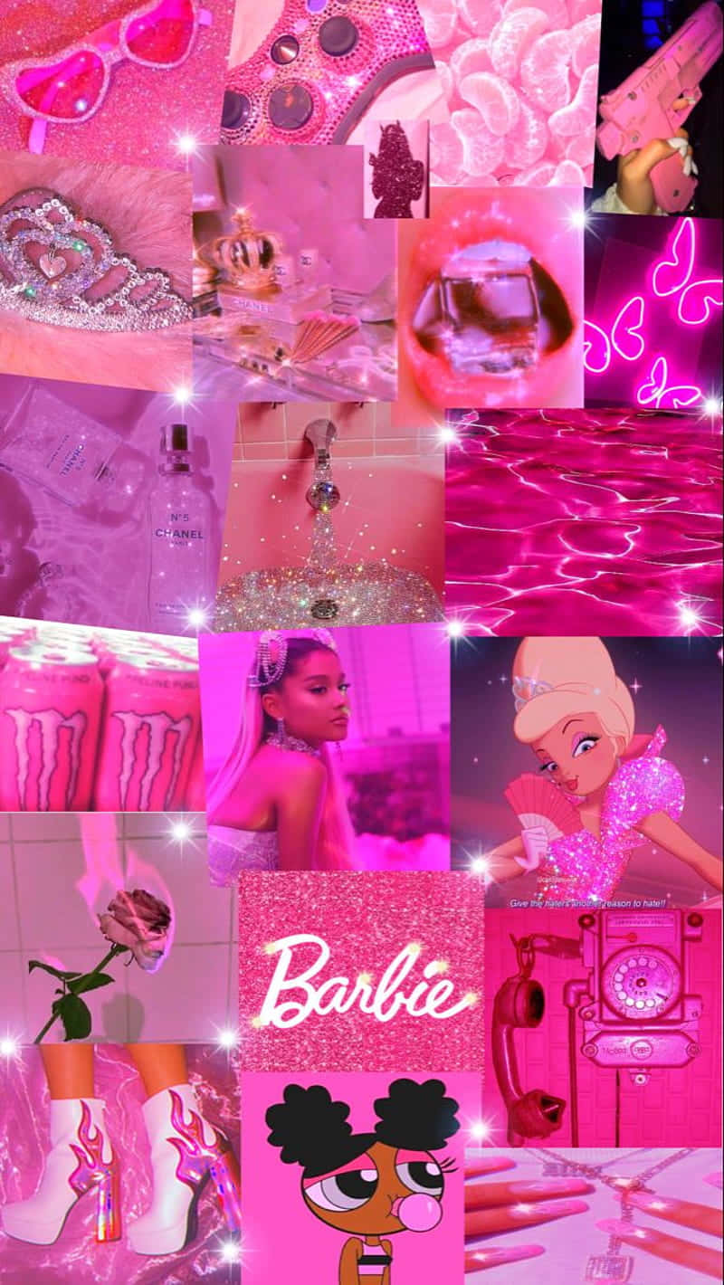 Glitter Barbie Aesthetic 桌布 壁紙 — 一個閃閃發光的粉紅色拼貼畫，包含芭比、動漫和奢華物品，沉浸在閃光和霓虹燈中。