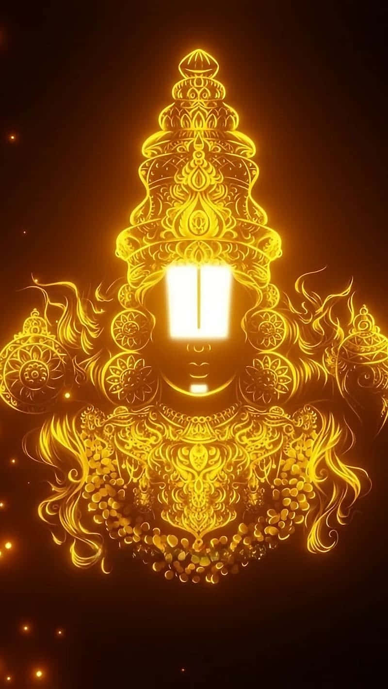  壁紙 — 一個閃耀的金色神祇，帶有複雜圖案和發光的眼睛，置於深色背景上。