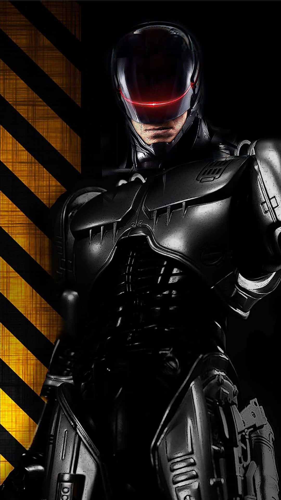  壁紙 — 一個身穿黑色盔甲、眼睛發出紅光的 cyberpunk 執法者站在黃黑條紋牆前。