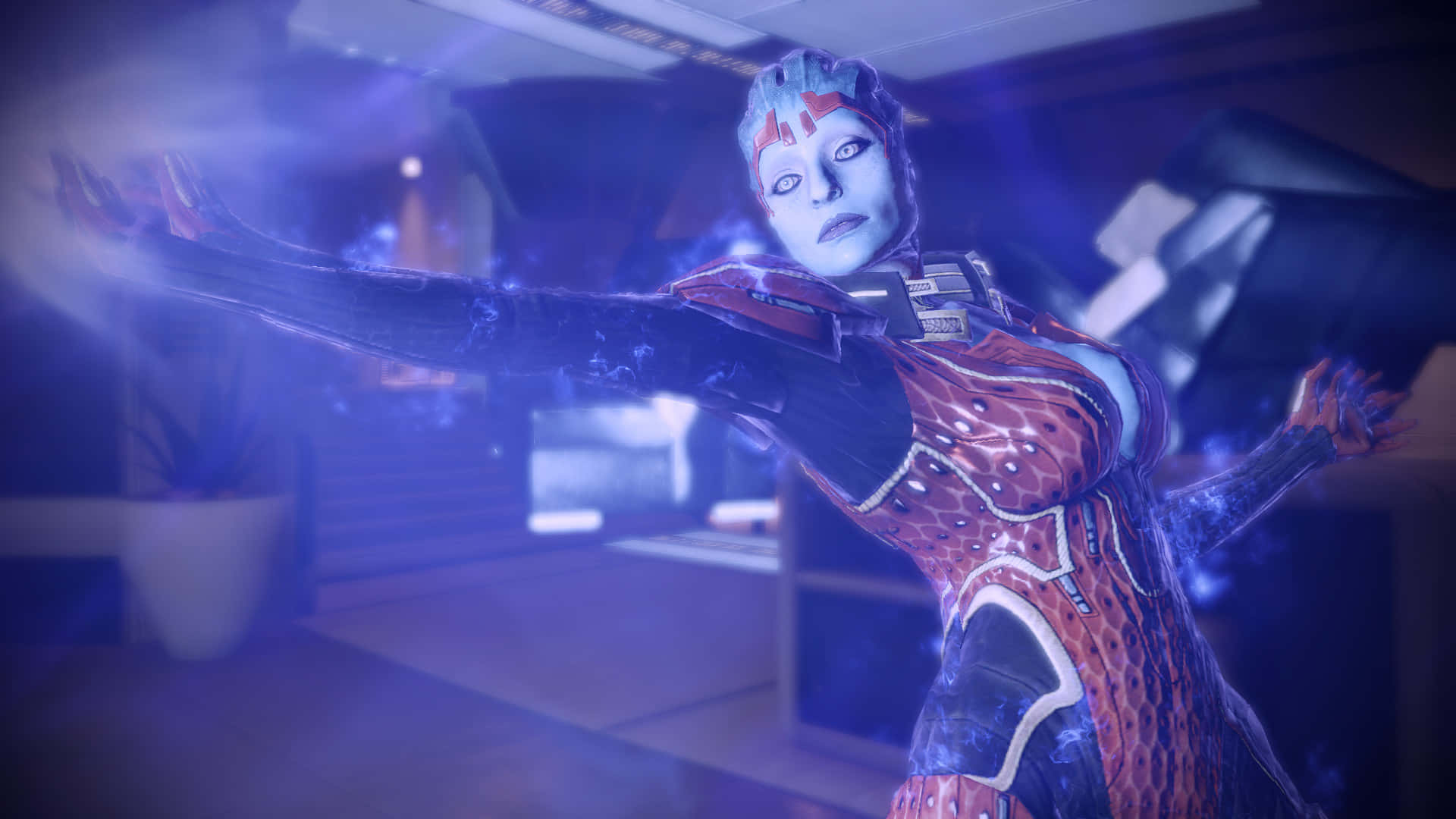 Mass Effect Samara 桌布 壁紙 — 一個身穿紅藍裝甲的未来外星戰士，在一個高科技房間中引導發光的能量。