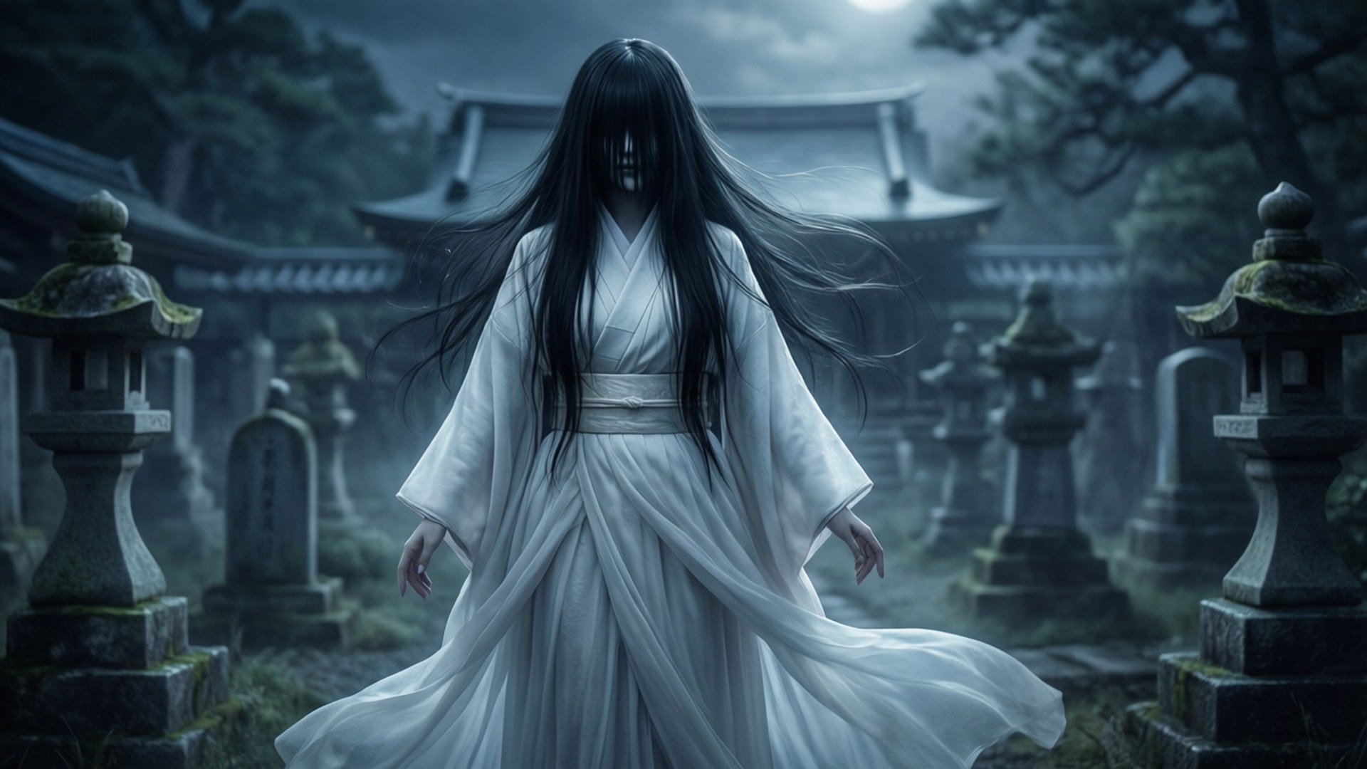 Yurei 桌布 壁紙 — 一個身穿飄逸白袍的鬼影，在滿月下立於霧氣瀰漫的石燈籠和墓碑之間。