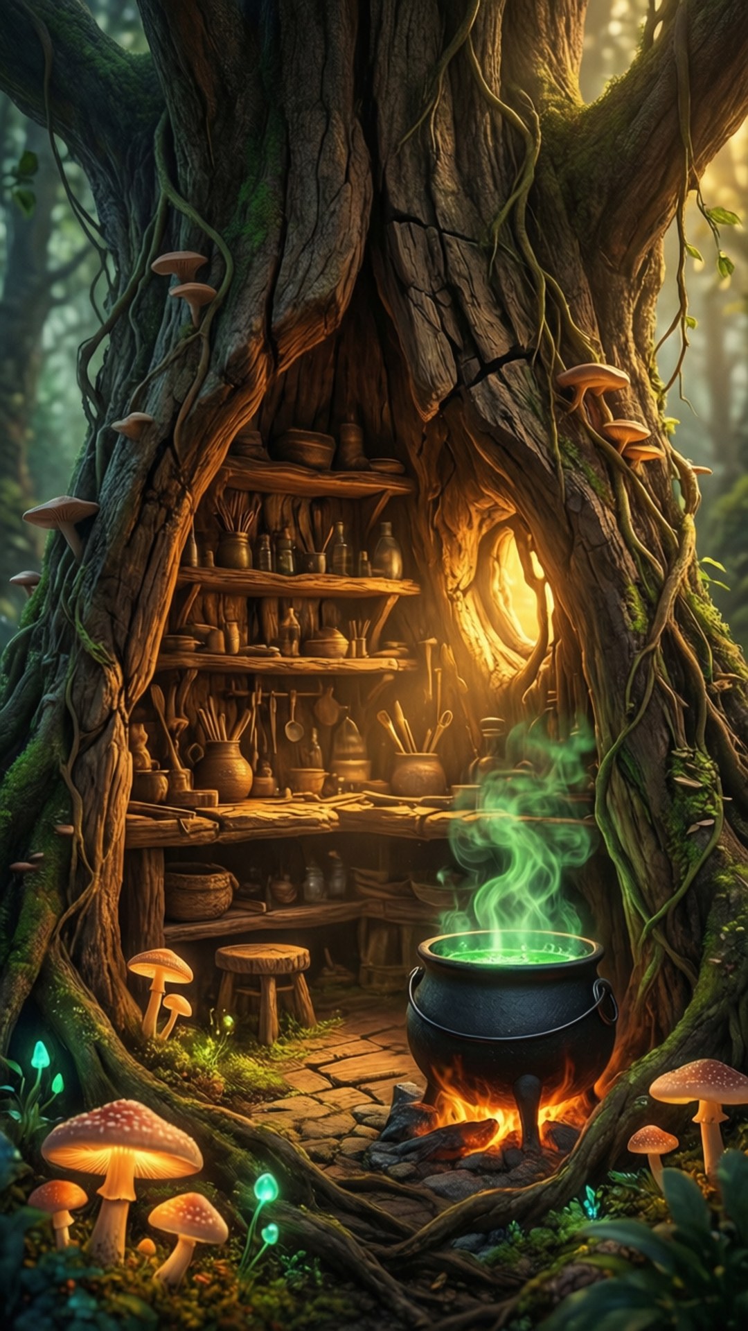 Magical Workshop 桌布 壁紙 — 一個神秘的樹洞內，有一個發光的坩堝在火上，架子上放著藥水瓶和發光的蘑菇，周圍是森林。