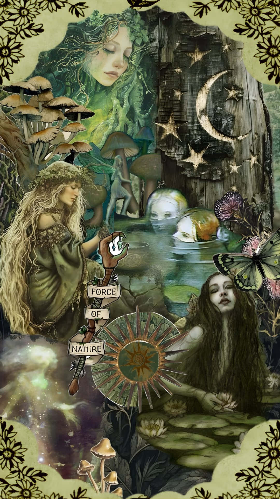  壁紙 — 一個神秘森林場景，有飄逸女性、發光蘑菇和天體符號，呈現夢幻般的奇幻插畫。