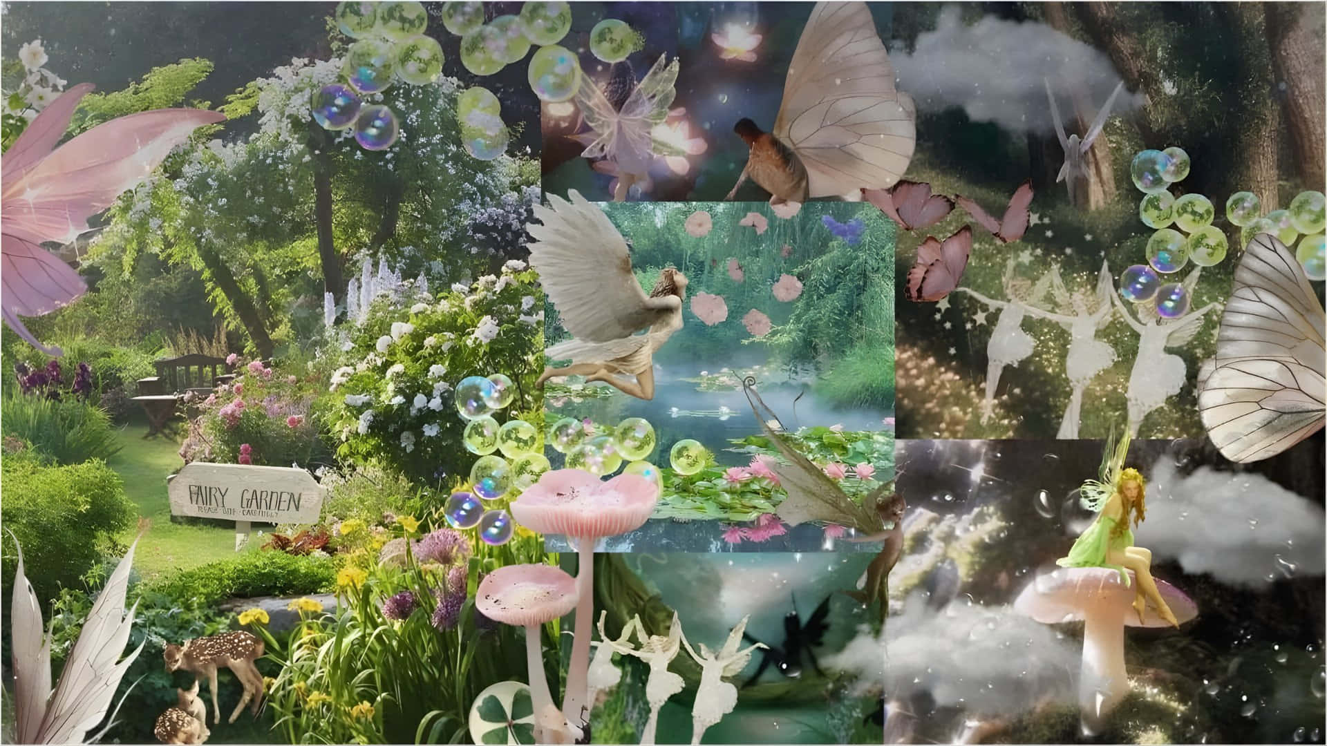  壁紙 — 一個神奇的仙女花園，有發光的泡泡、蝴蝶和細小的有翼生物，周圍是茂密的綠色植物和粉紅色的蘑菇。