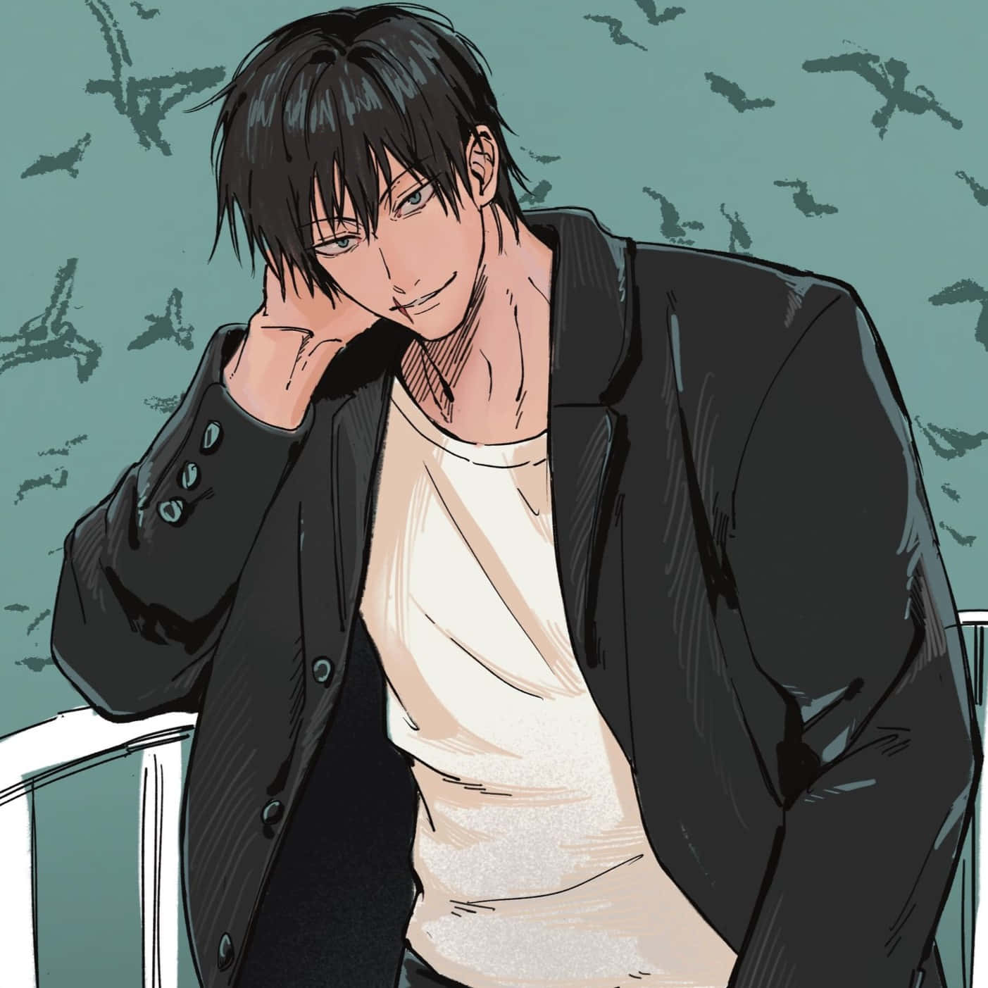  壁紙 — 一個時尚的動漫男子，黑髮，帶著冷笑，靠著欄杆，背景是帶有鳥類剪影的藍綠色牆壁。
