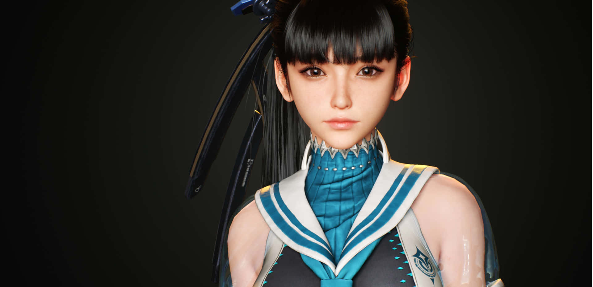  壁紙 — 一個數碼動漫女孩，黑髮齊瀏海，穿著藍白水手服，背景深色。