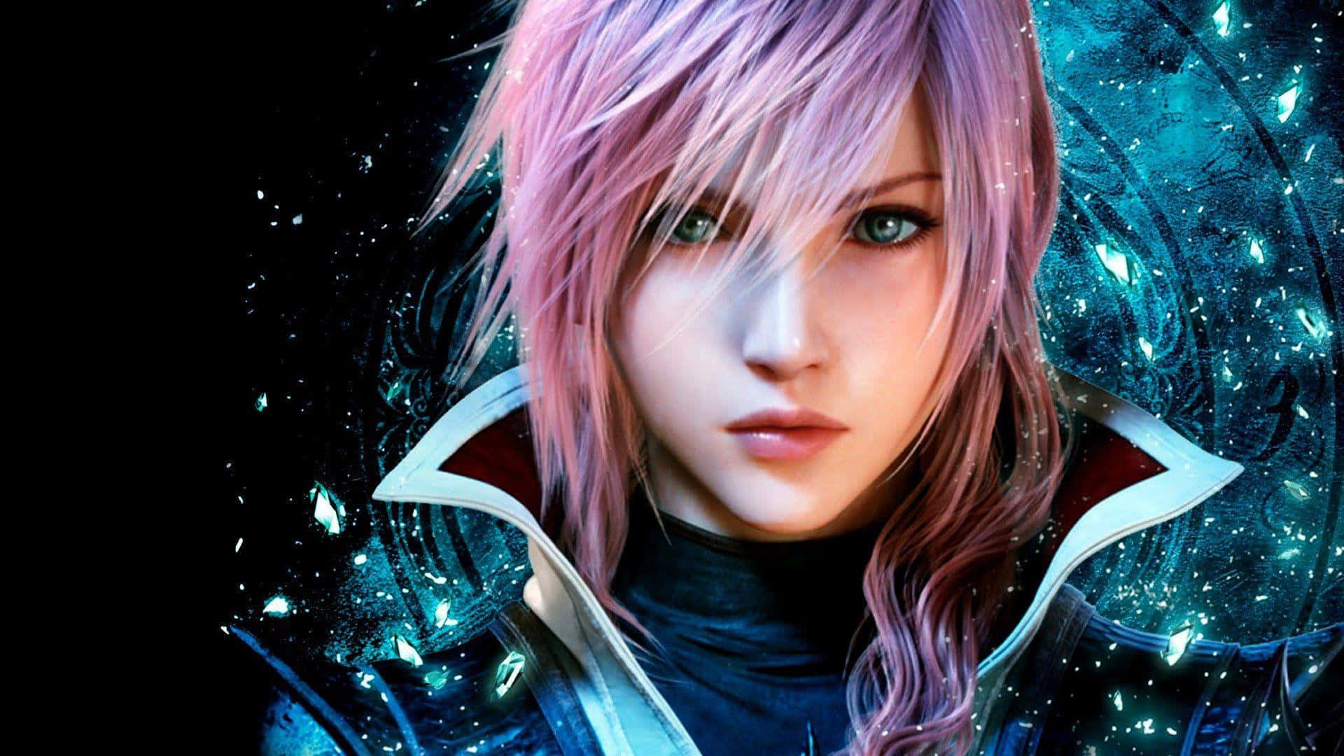 Final Fantasy Lightning 桌布 壁紙 — 一個數碼肖像，描繪一位粉紅色頭髮、發光藍色眼睛、身穿水晶盔甲的動漫角色，背景是黑暗的宇宙。