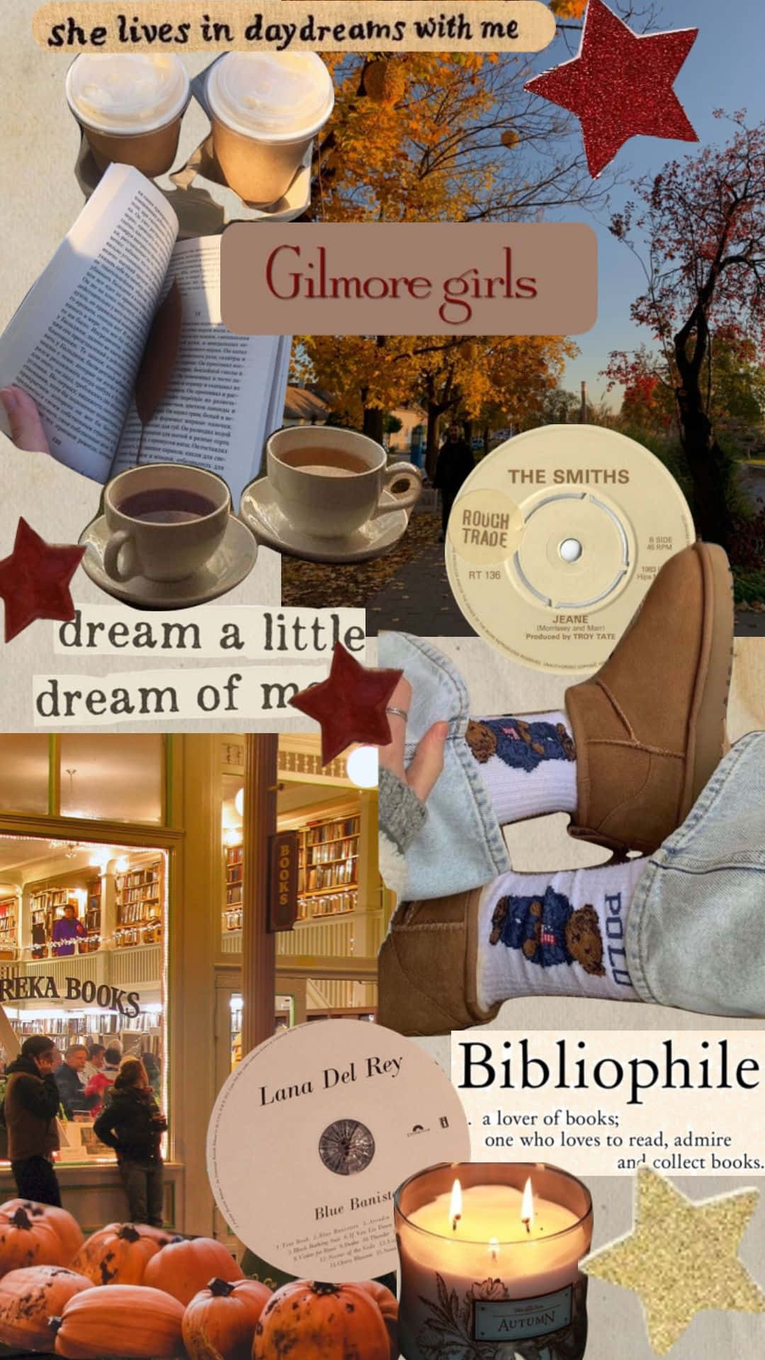 Downtown Girl Aesthetic 桌布 壁紙 — 一個舒適的秋季拼貼畫，包含咖啡、書籍、黑膠唱片和南瓜，並帶有 'Gilmore girls' 和 'Bibliophile' 文字疊加。