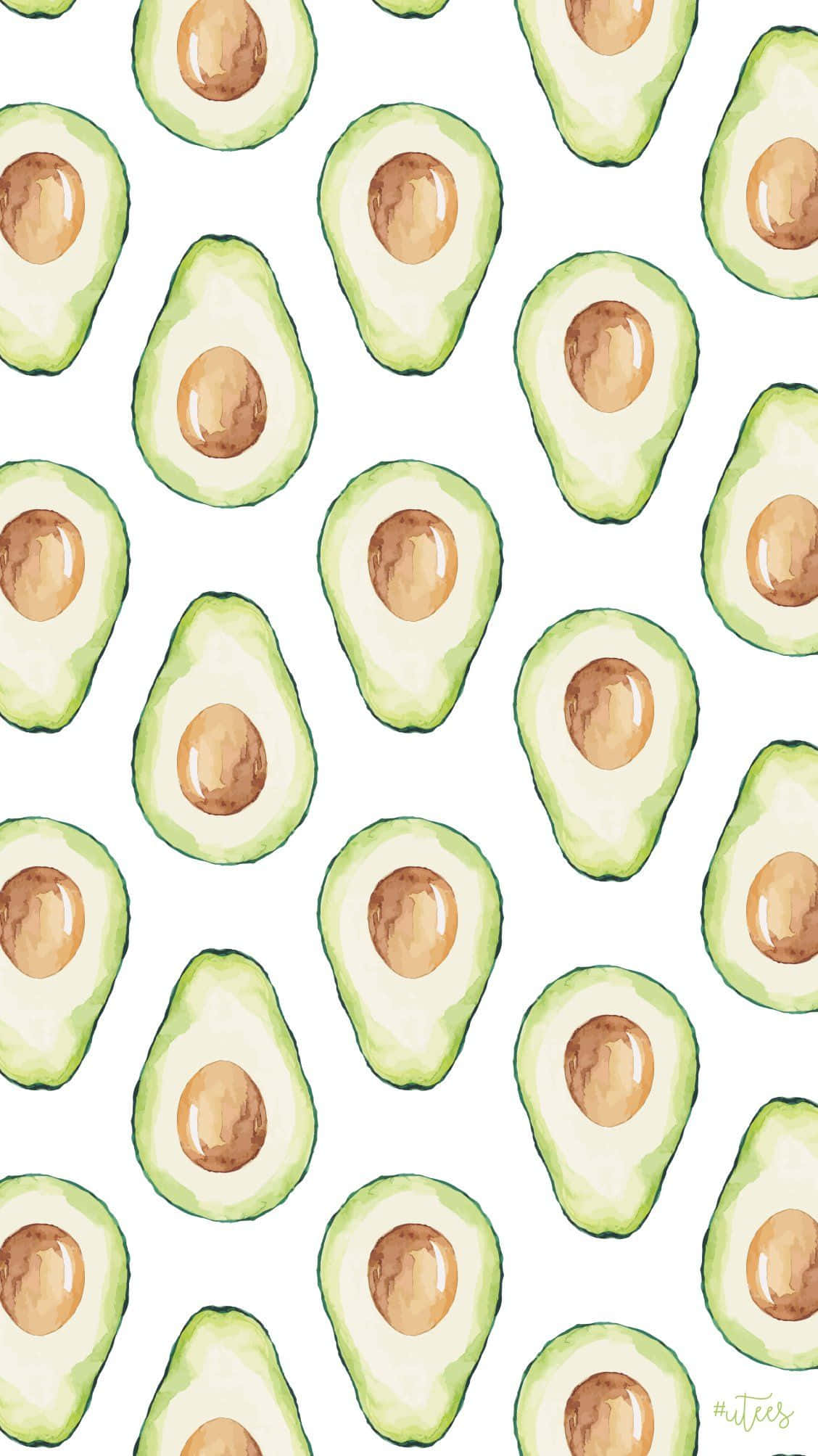 Avocado 桌布 壁紙 — 一個水彩圖案，展示切片牛油果，帶綠色外皮和棕色果核，背景為白色。