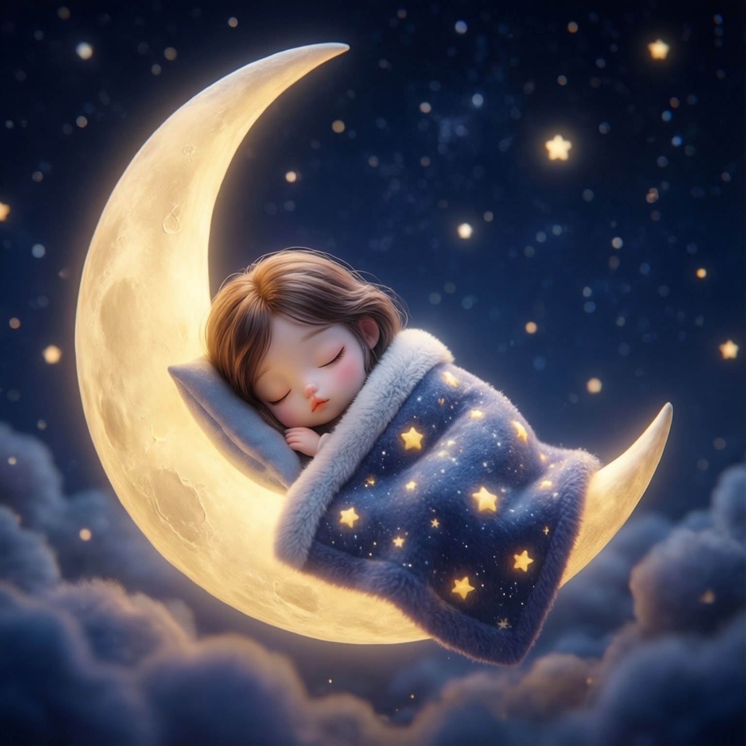 一個孩子在星空下的彎月上睡著，裹著星星毯子。