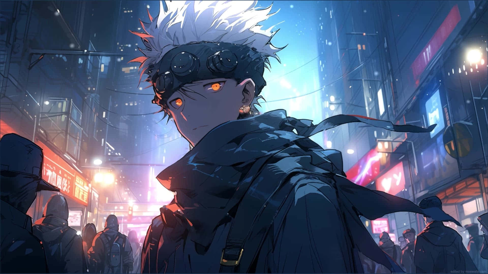 Bakugou Pfp 桌布 壁紙 — 一個頭髮豎起的動漫角色，擁有發光的橙色眼睛和護目鏡，在夜晚凝視著霓虹燈閃爍的雨城市街道。