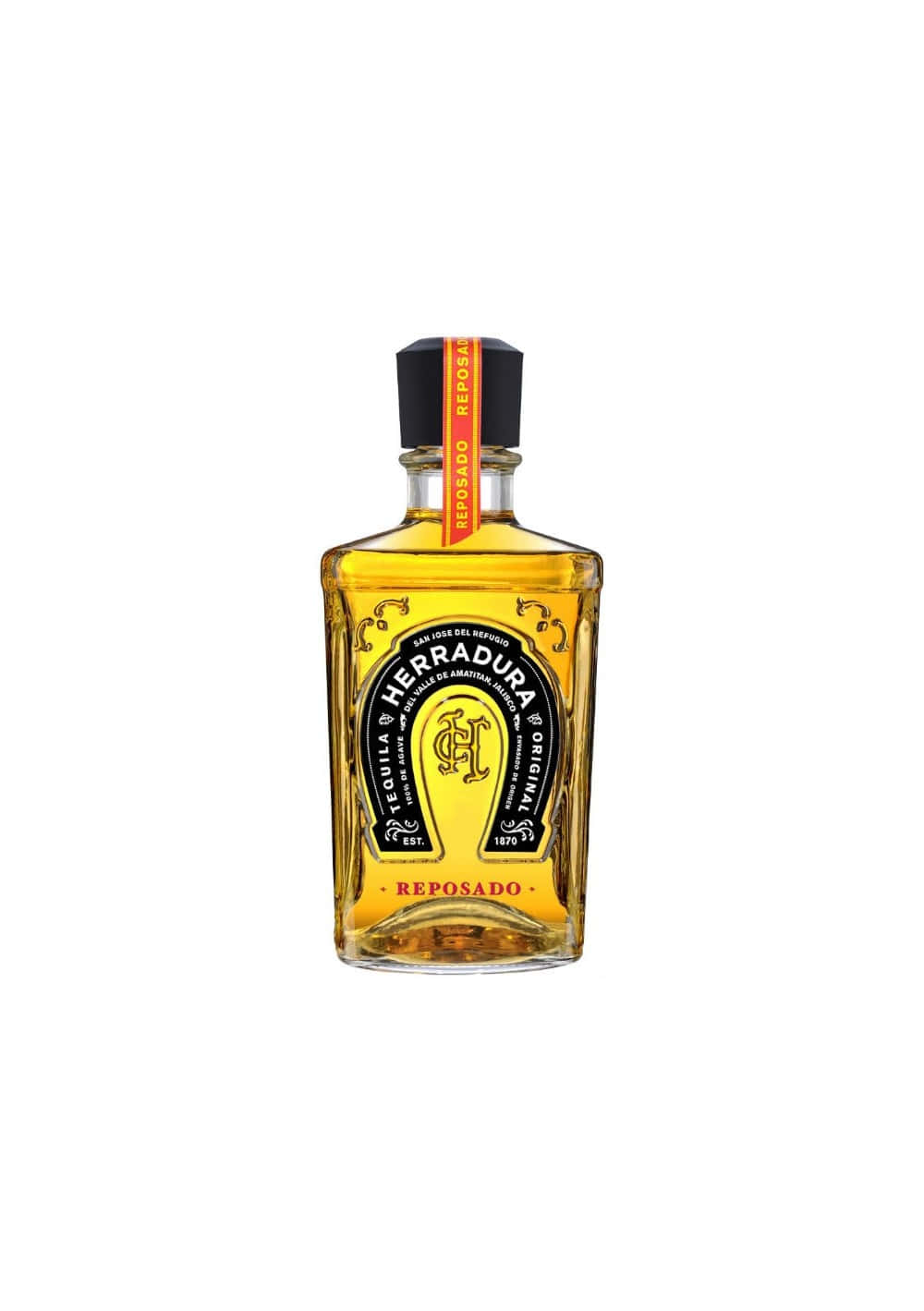  壁紙 — 一個透明玻璃瓶的Herradura Reposado龍舌蘭酒，內有金色液體和黑色標籤，背景為白色。