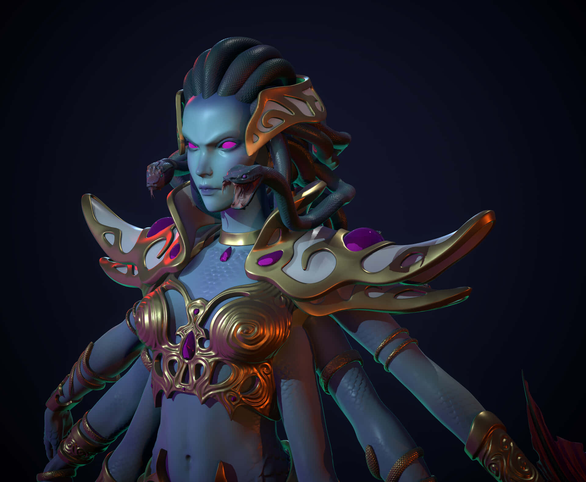  壁紙 — 一個威風凜凜的多臂奇幻戰士，擁有發光的紫色眼睛和飾有蛇的華麗金色盔甲。