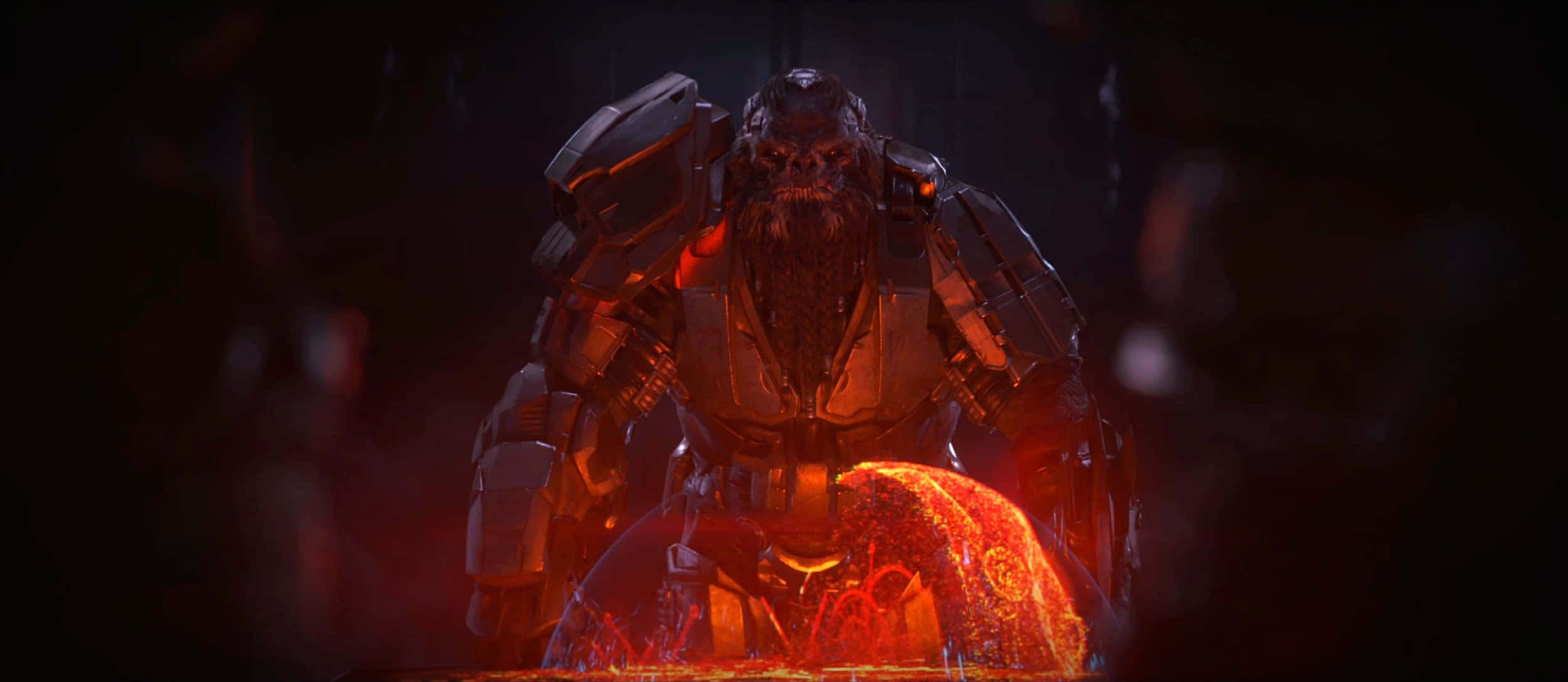 Atriox 桌布 壁紙 — 一個威嚇的裝甲戰士，擁有發光的紅眼睛和鬍鬚，站在黑暗洞穴中的熔岩池上。