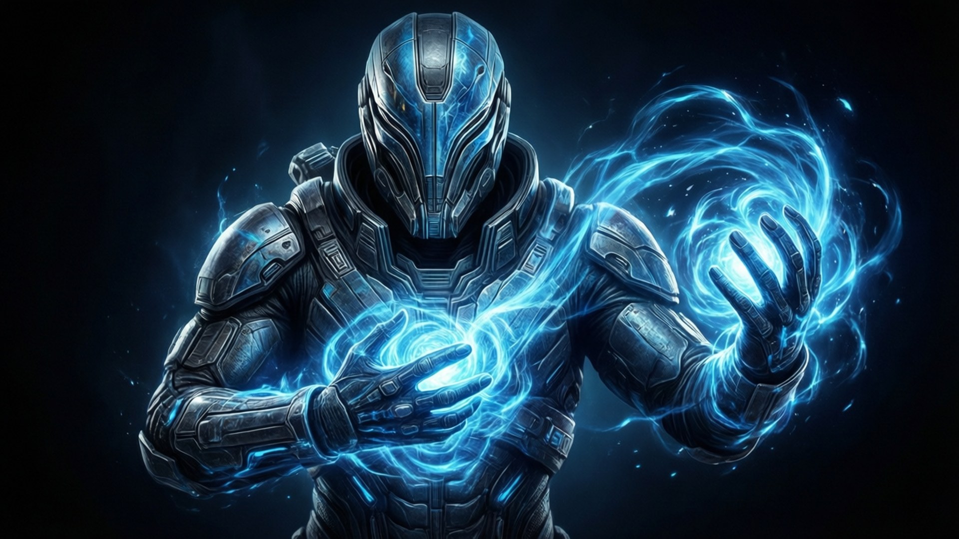 Mass Effect Spectre 桌布 壁紙 — 一個未來風格的裝甲戰士在黑暗虛空中引導發光的藍色能量，電火花在他們的手周圍旋轉。