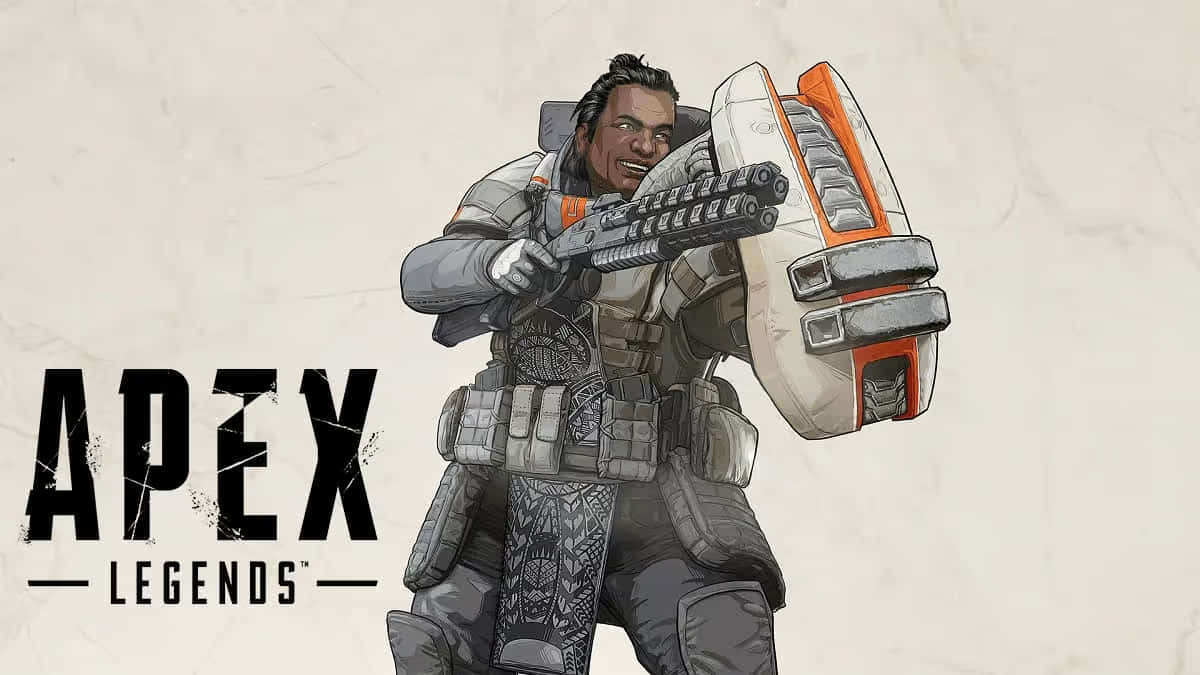  壁紙 — 一個微笑的Apex Legends角色身穿戰術裝備，在紋理米色背景上揮舞重型武器。