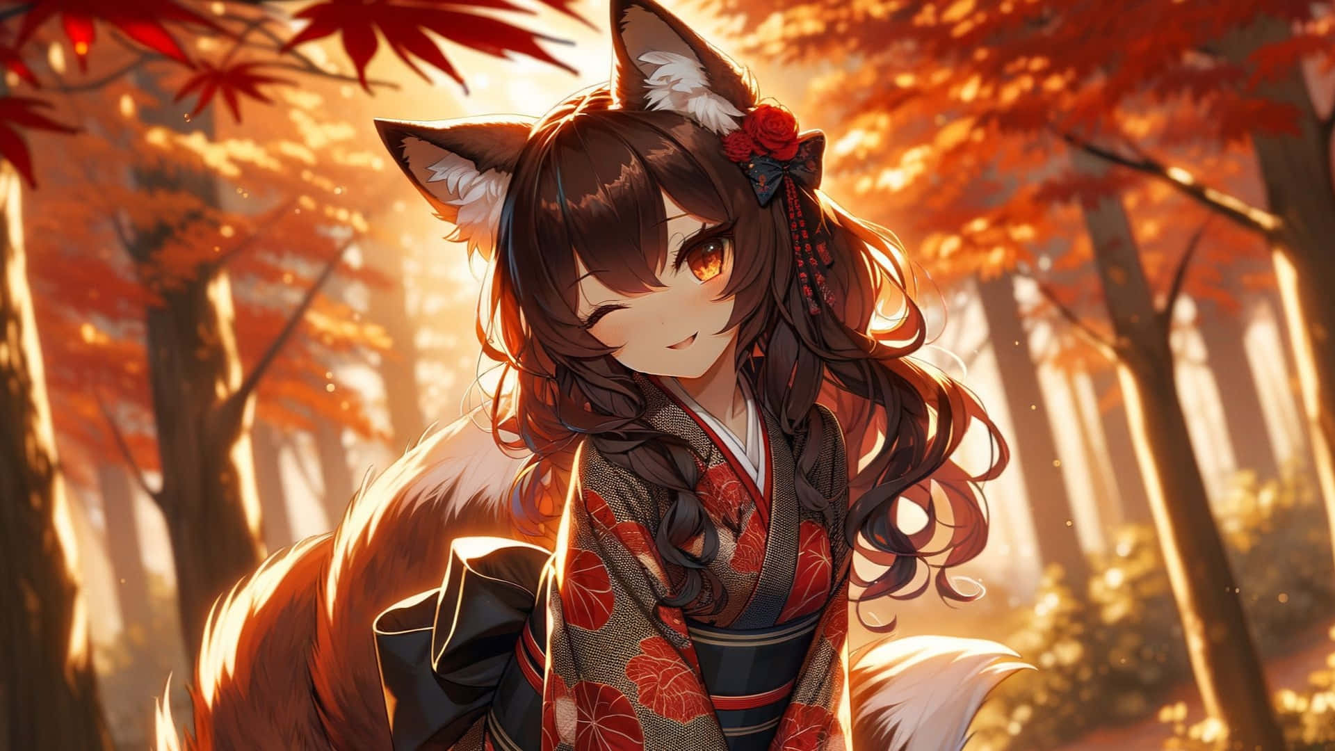  壁紙 — 一個微笑的狐女穿著紅色花卉和服，站在陽光明媚的秋日森林中，金色樹葉和溫暖光線穿過樹木。