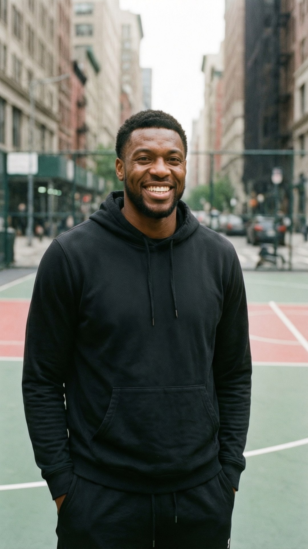 Off-Court Smile 壁紙 — 一個微笑的男人穿著黑色連帽衫，自信地站在城市籃球場上，背景是城市建築。