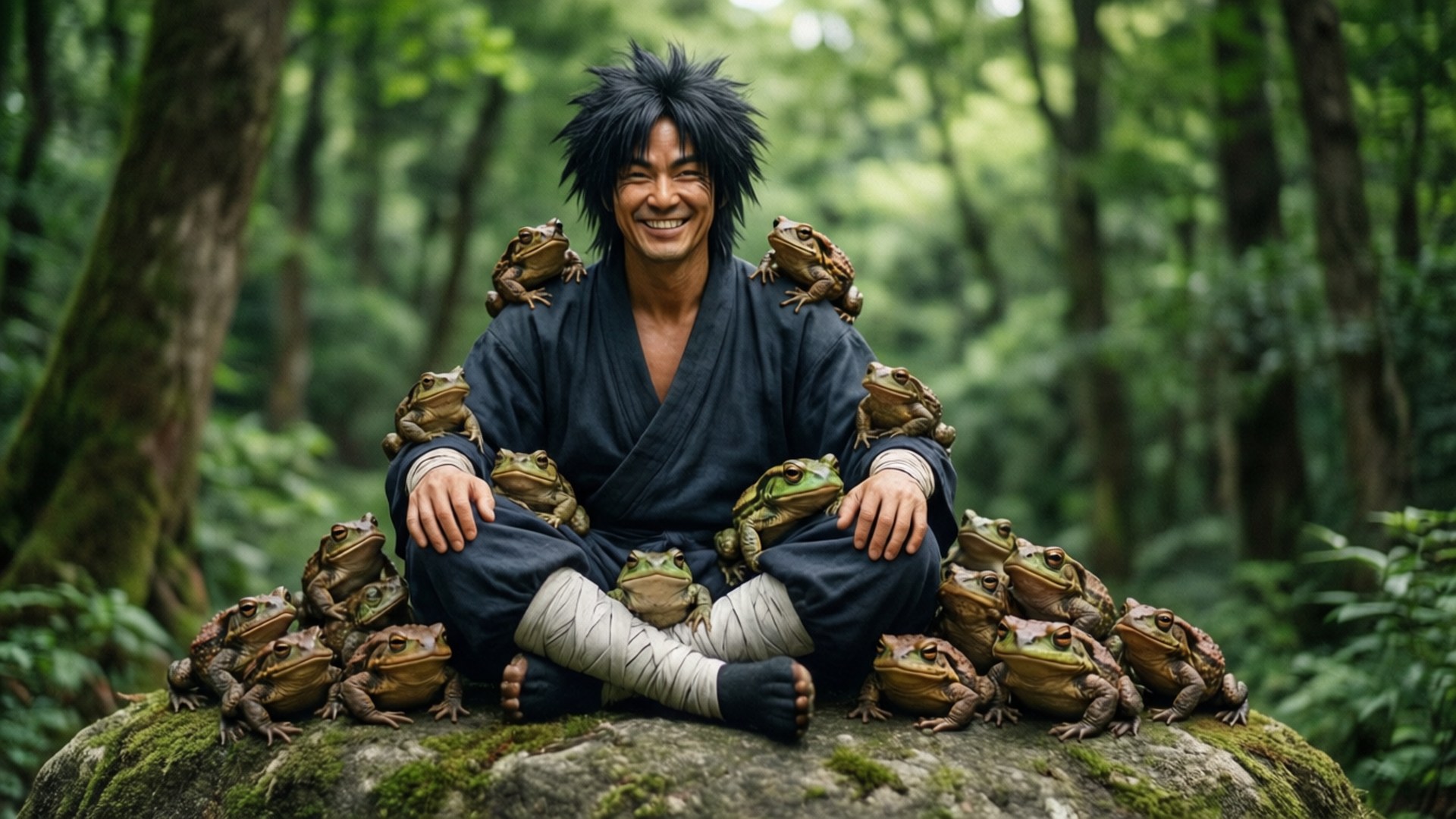 Jiraiya 4K 桌布 壁紙 — 一個微笑的男人穿著深色長袍，盤腿坐在長滿苔蘚的石頭上，周圍有無數青蛙，身處茂密的綠色森林中。