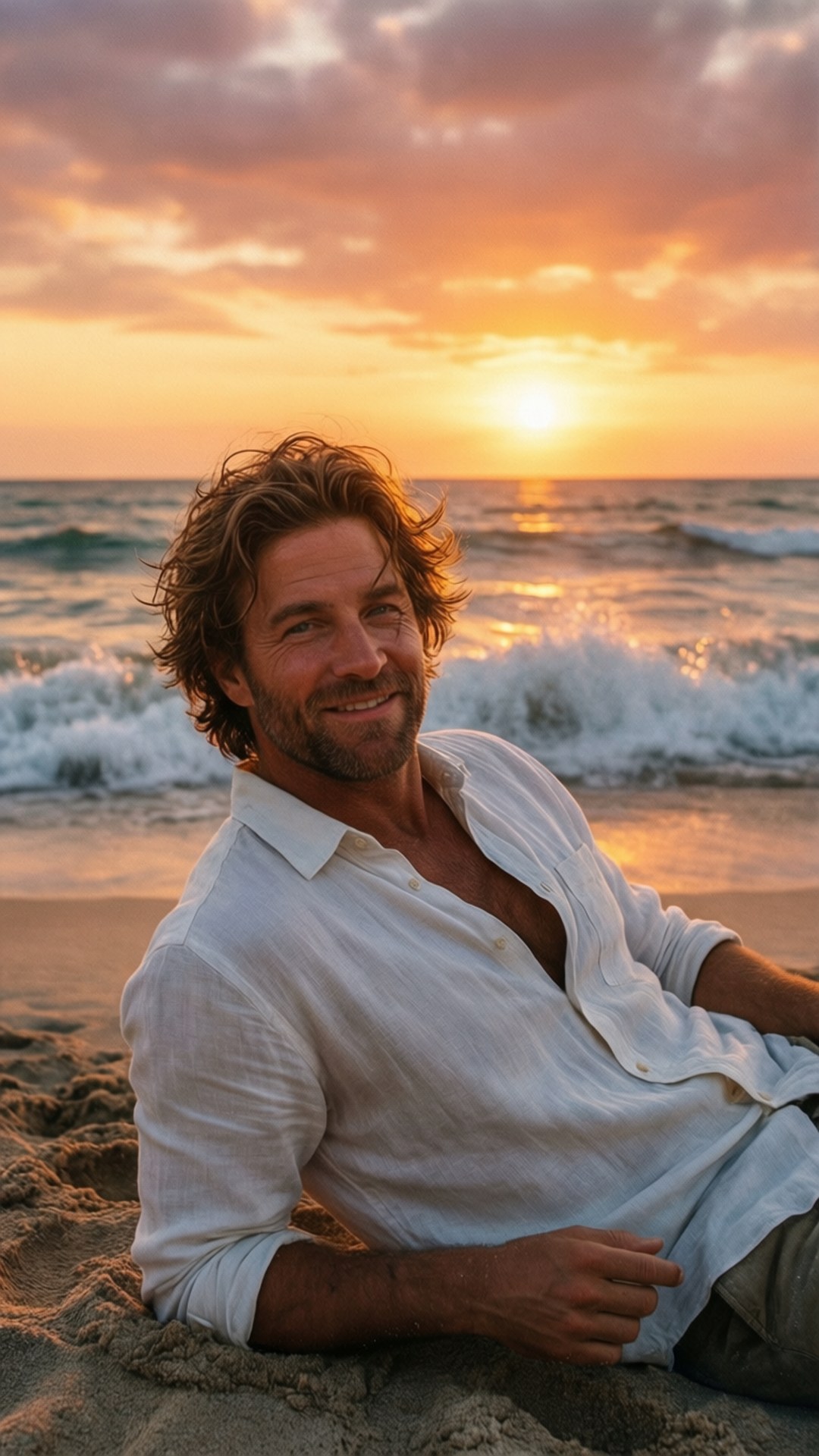 男人在沙灘上微笑，金色夕陽與海浪