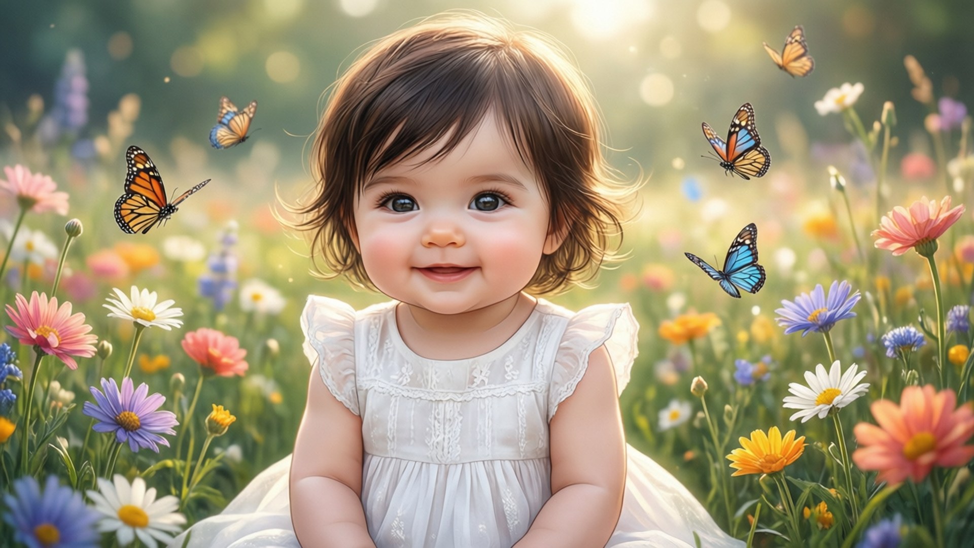 Baby 5 桌布 壁紙 — 一個微笑的女嬰穿著白色連衣裙，坐在陽光明媚的草地上，周圍環繞著色彩繽紛的花朵和翩翩起舞的蝴蝶。