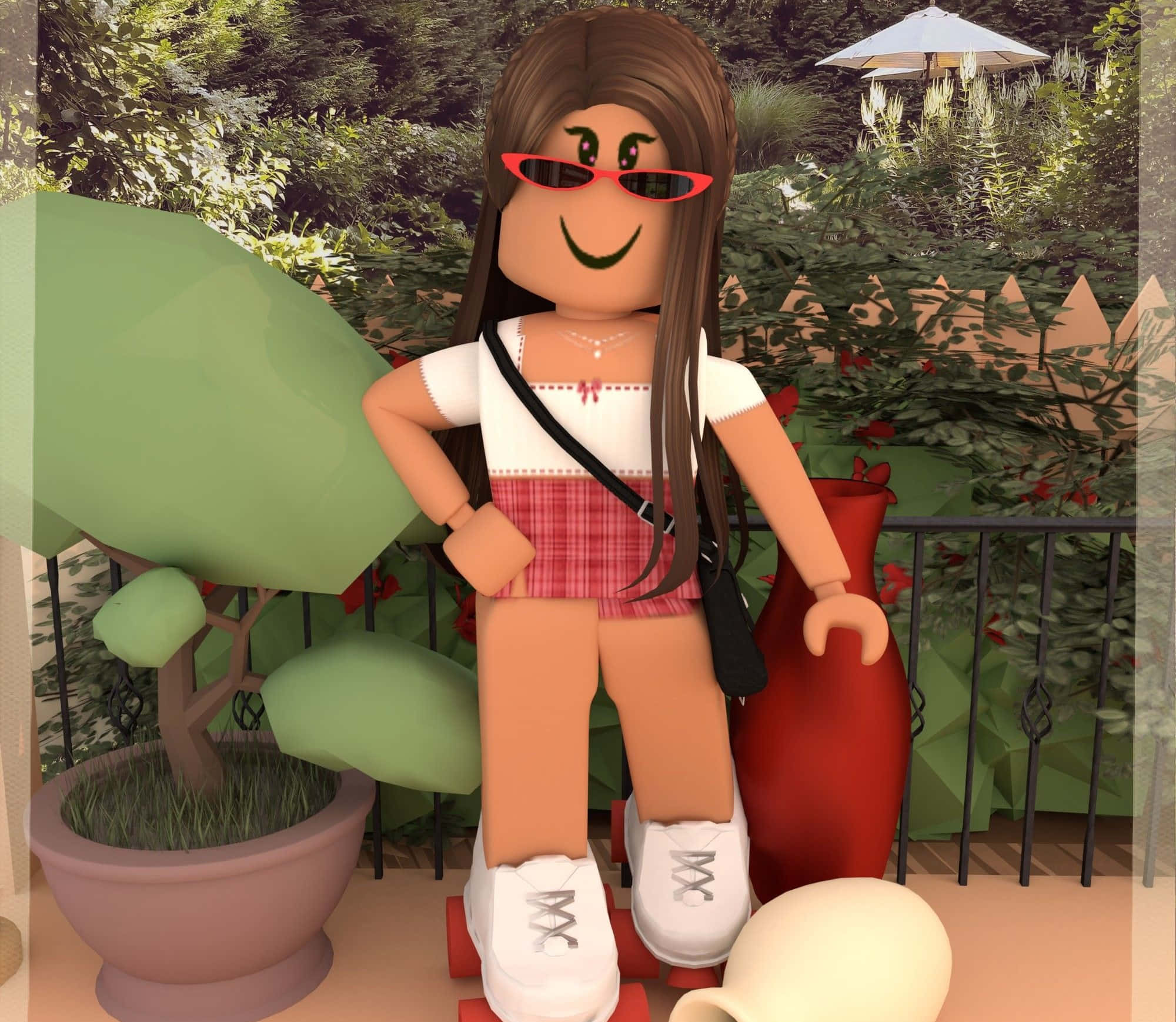 可愛Roblox 桌布 壁紙 — 一個微笑的Roblox虛擬角色，戴著紅色太陽眼鏡和格子短褲，自信地站在陽台上，周圍環繞著茂密的綠色植物和盆栽。