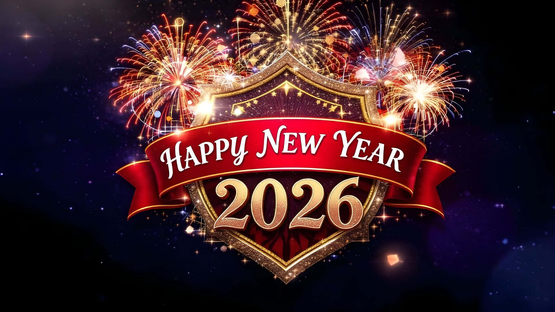  壁紙 — 一個喜慶的2026年新年標誌，金色盾牌和紅色絲帶，在星空夜空中綻放煙花。