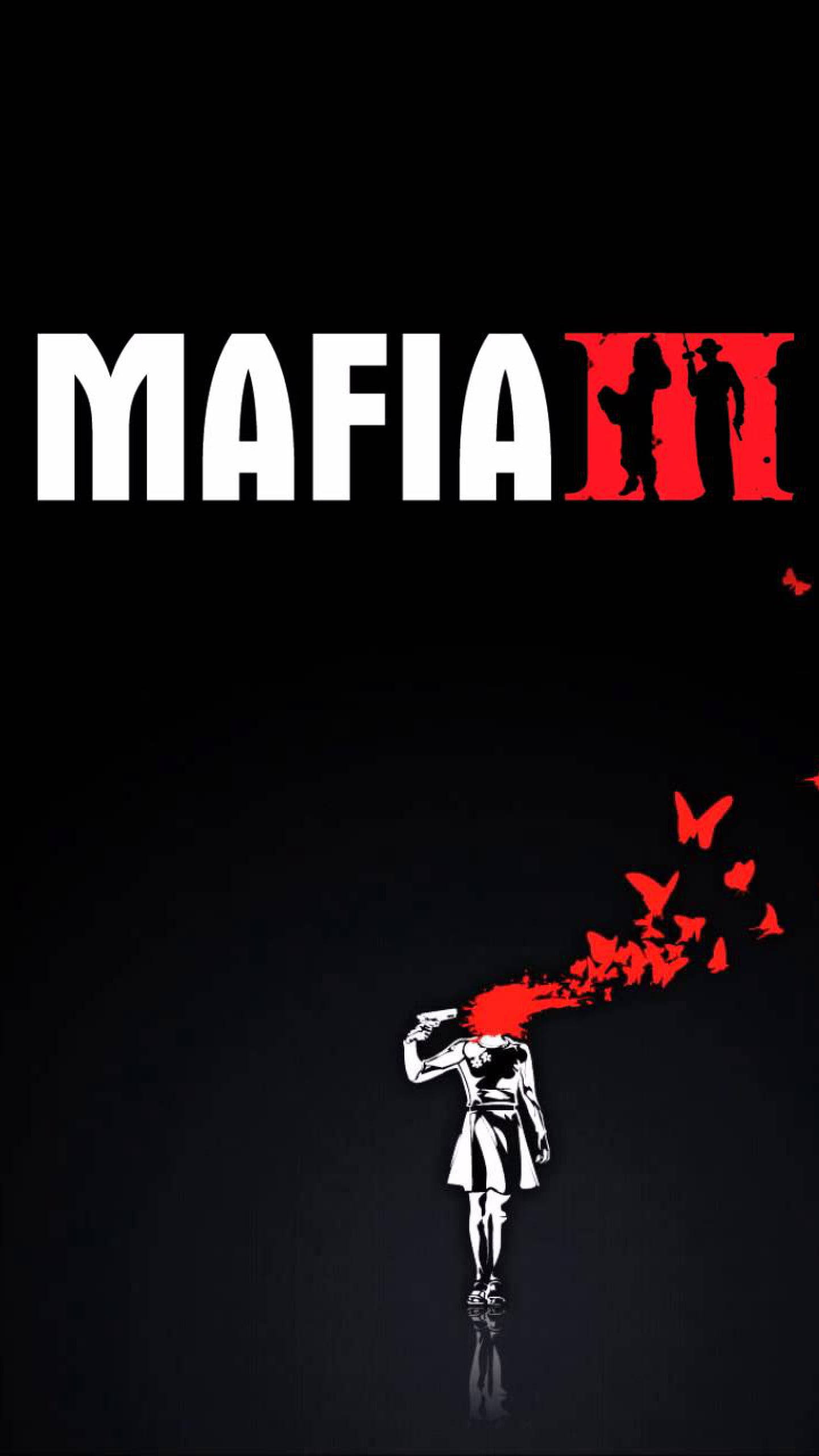 一個女性剪影開槍釋放出紅色蝴蝶，背景為黑色，帶有「MAFIA III」文字。