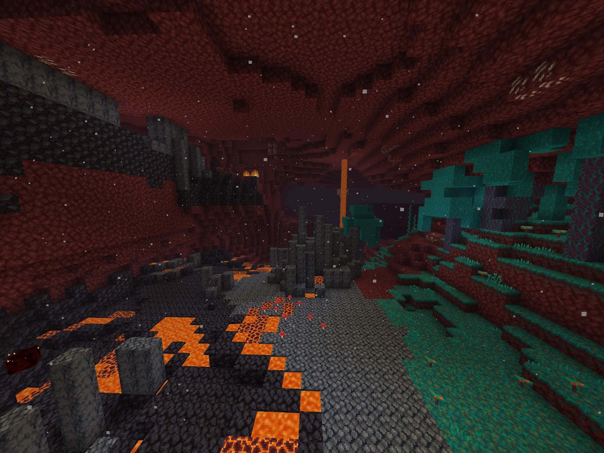  壁紙 — 一個像素化的 Minecraft 地獄洞穴，在星空天花板下，有發光的橙色熔岩流和鋸齒狀的紅色地獄岩層。