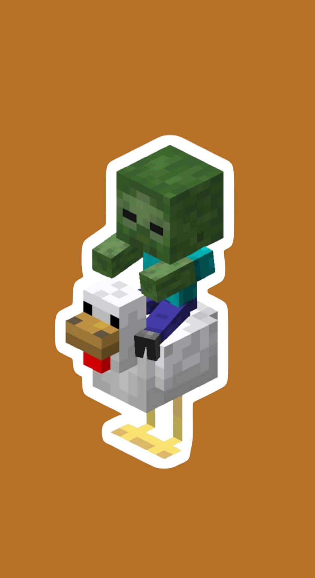  壁紙 — 一個像素化的喪屍騎著一隻雞，背景是純棕色，採用Minecraft風格。
