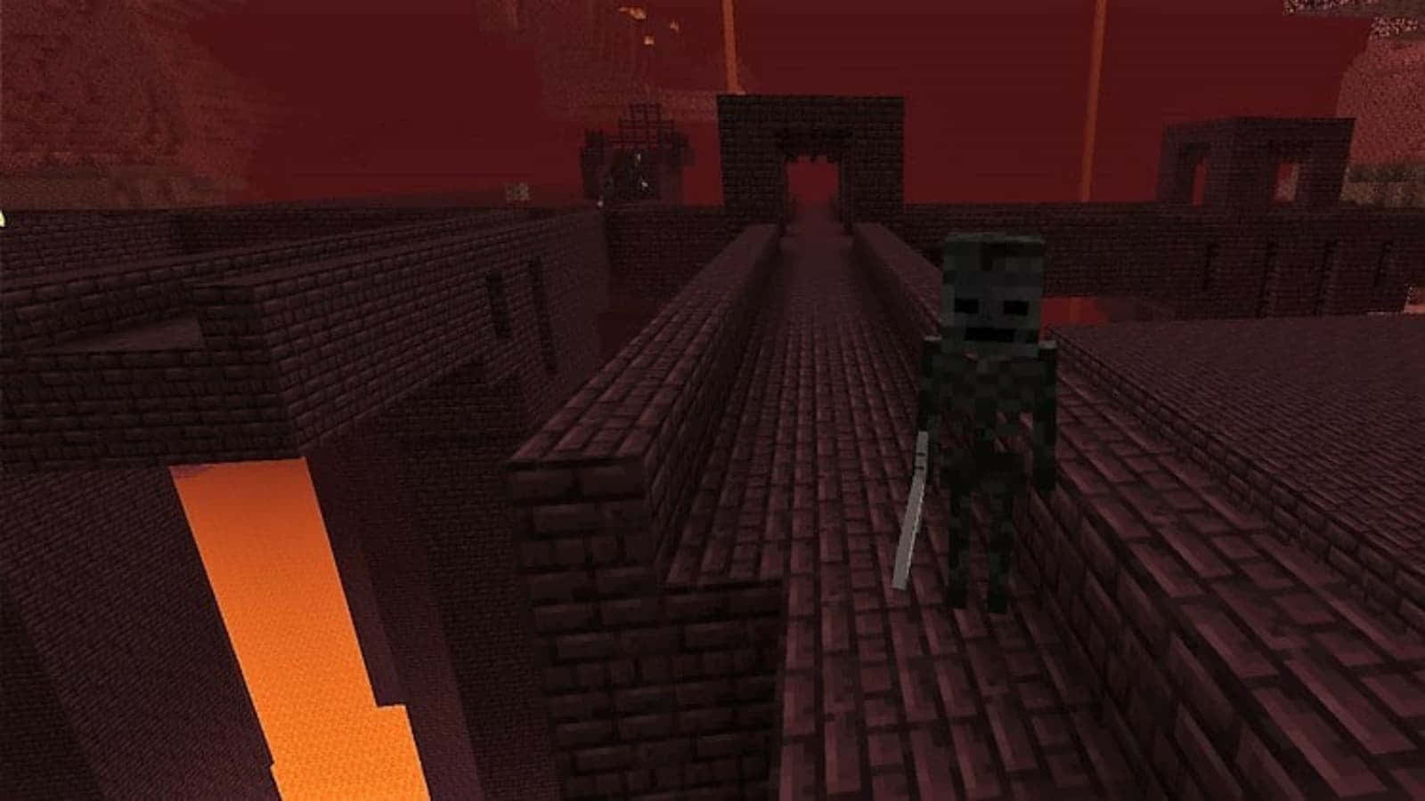  壁紙 — 一個像素化的喪屍站在磚橋上，下方是熔岩的熾熱紅色 Minecraft 地獄景觀。