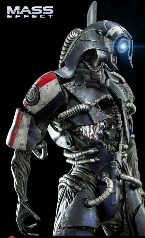 Mass Effect Legion 桌布 壁紙 — 一個詳細的雕像，描繪了受損的質量效應蓋斯單位，帶有發光的藍色眼睛和暴露的內部接線，背景為黑色。
