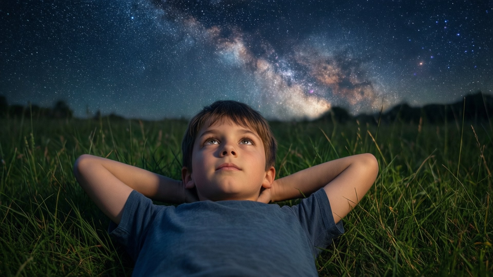 Boyhood 桌布 壁紙 — 一個小男孩躺在草地上，仰望在繁星夜空下閃耀的銀河。
