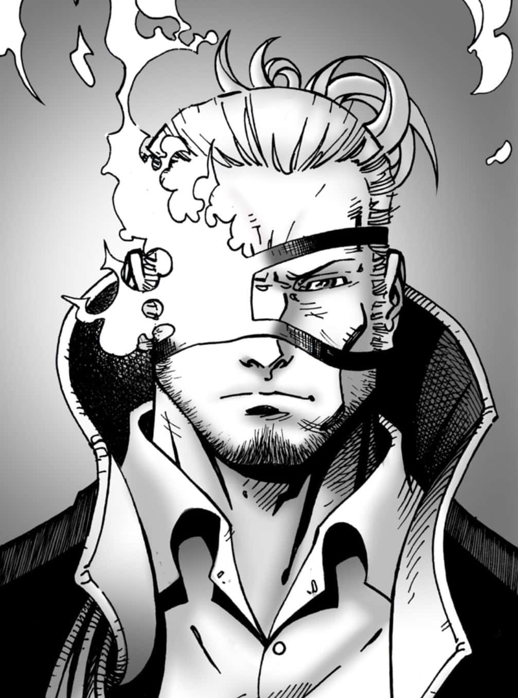  壁紙 — 一個嚴肅的動漫男子，戴著眼罩，頭髮尖刺，在灰色背景前抽煙。
