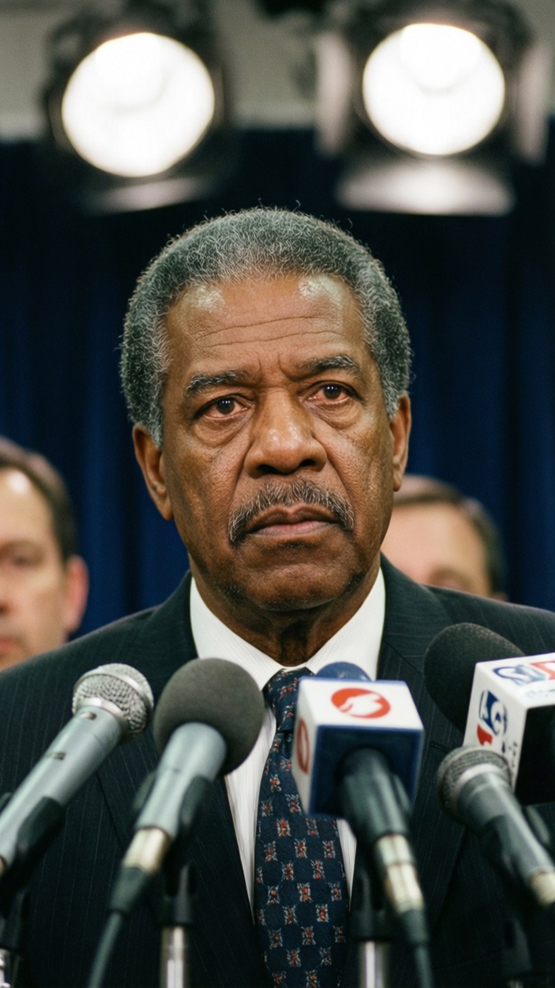 Conyers at Press Conference 壁紙 — 一個嚴肅的男人穿著西裝站在麥克風前，在明亮的攝影棚燈光下，背景是深藍色窗簾。