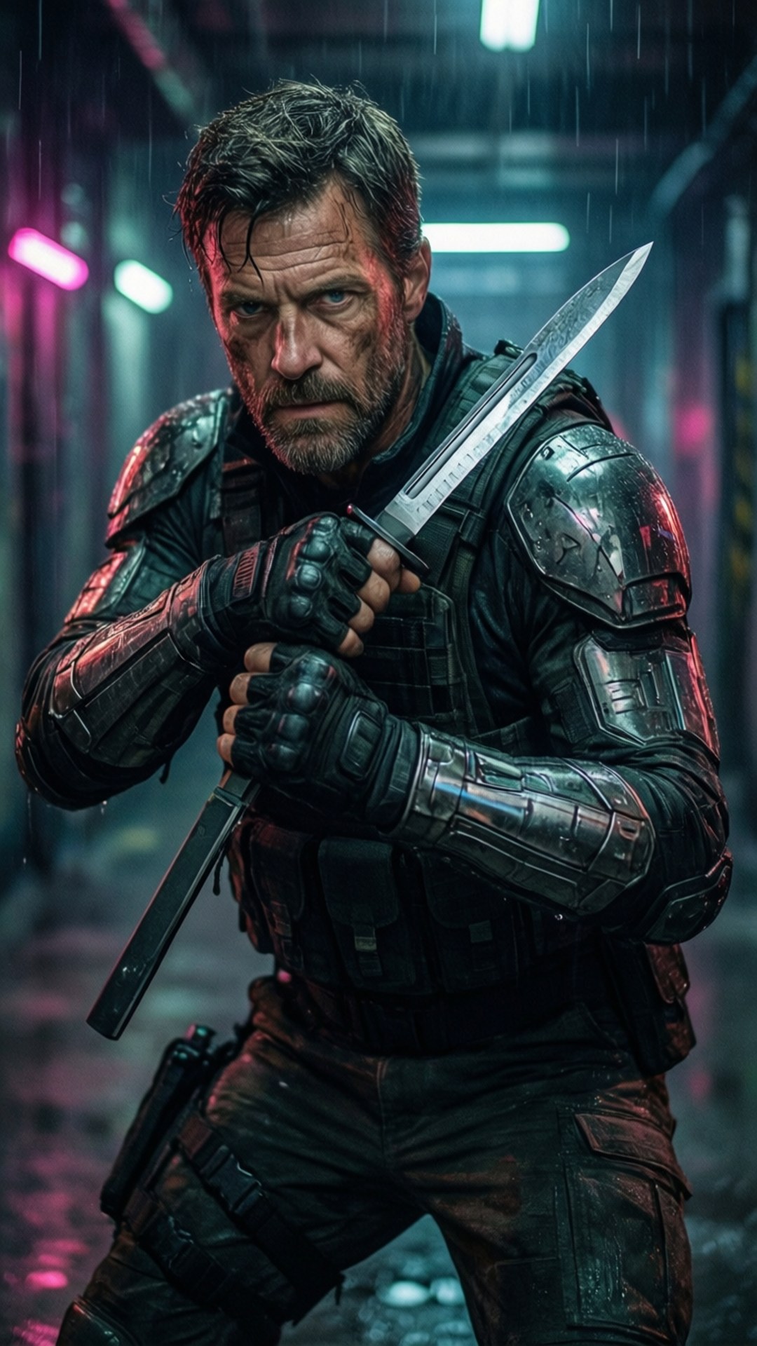 Halo Emile 桌布 壁紙 — 一個陰沉的戰士身穿戰術裝備，在霓虹雨中的 cyberpunk 小巷裡握著一把刀。