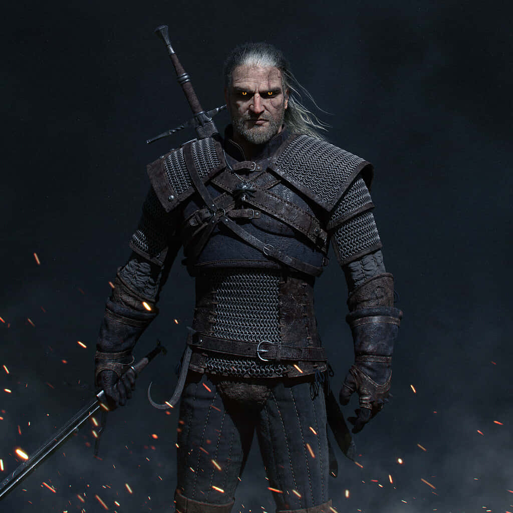 Geralt Of Rivia 桌布 壁紙 — 一個陰沉的戰士，擁有發光的黃色眼睛和銀色頭髮，站在黑煙中，手持劍，火花在他周圍飛舞。