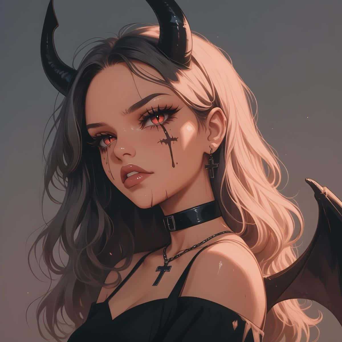  壁紙 — 一個引人注目的動漫風格惡魔女孩，長著黑色角和紅色眼睛，眼神強烈，臉上有一個流血十字架的印記。