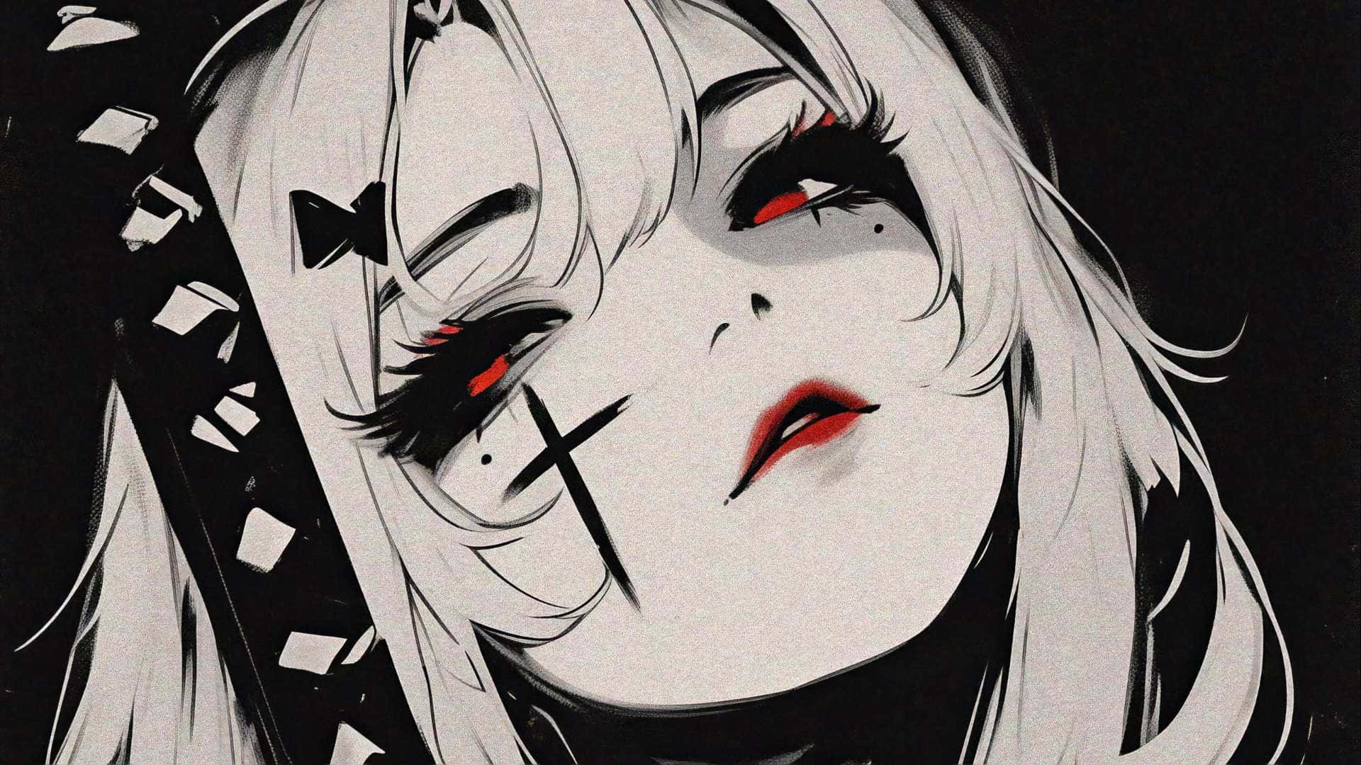  壁紙 — 一個引人注目的動漫女孩，白髮紅眼，臉頰上有黑色十字架，在黑暗背景中手持劍。